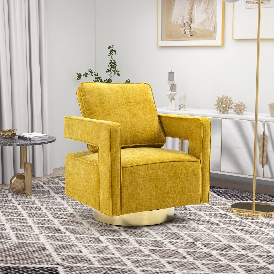 30.7"W Swivel Accent Open Back Chair Modern Comfy Sofa Chair With Gold Stainless Steel Base For Nursery Bedroom Living Room Hotel Office, Club Chair Leisure Arm Chair For Lounge Mustard Chenille