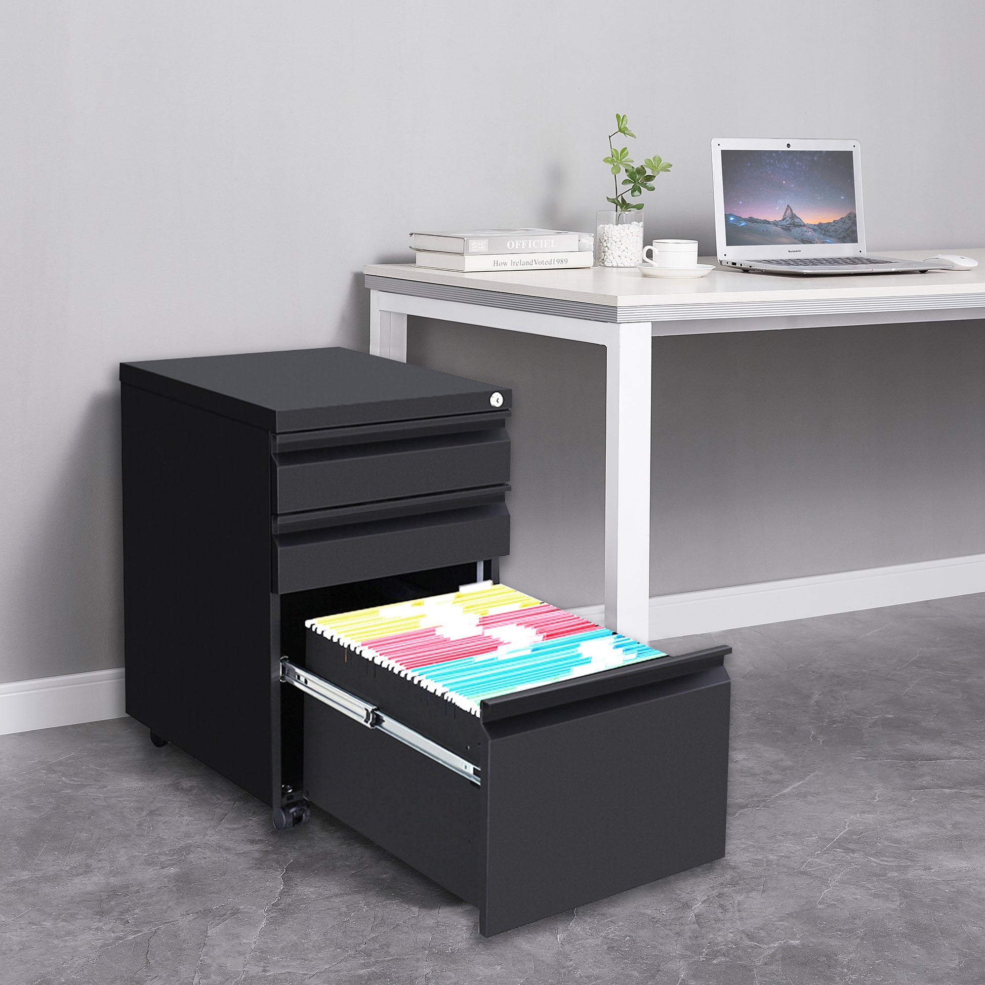 3 Drawer File Cabinet with Lock, Steel Mobile Filing black-metal