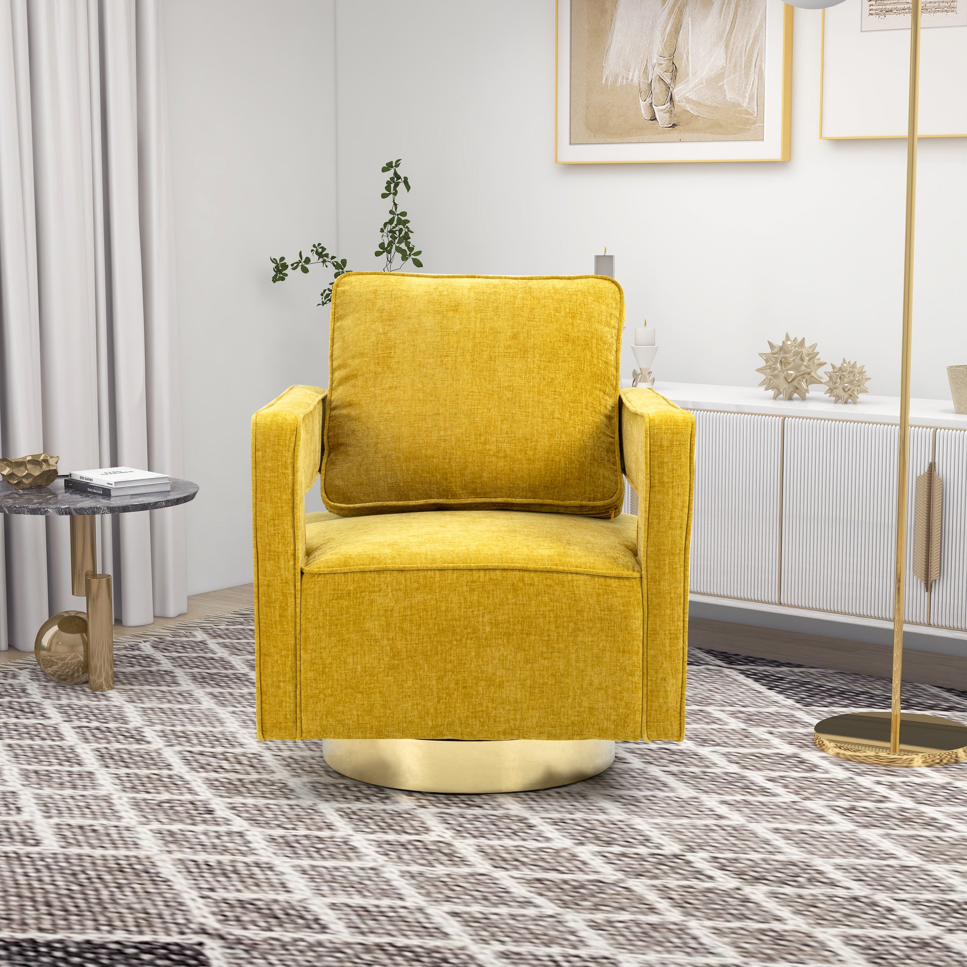 30.7"W Swivel Accent Open Back Chair Modern Comfy Sofa Chair With Gold Stainless Steel Base For Nursery Bedroom Living Room Hotel Office, Club Chair Leisure Arm Chair For Lounge Mustard Chenille