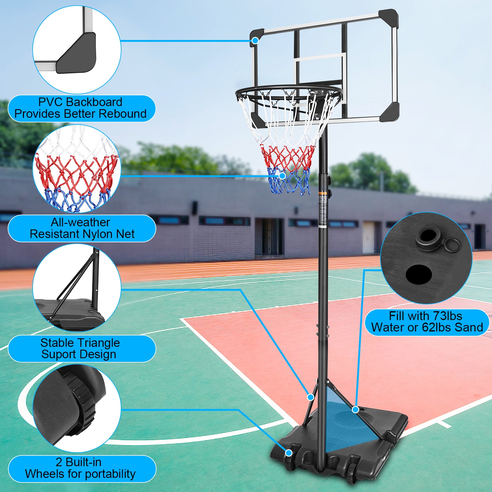 Portable Basketball Goal System With Stable Base And Wheels, Use For Indoor Outdoor Teenagers Youth Height Adjustable 5.6 To 7Ft Basketball Hoop 28 Inch Backboard Transparent Sporty Iron