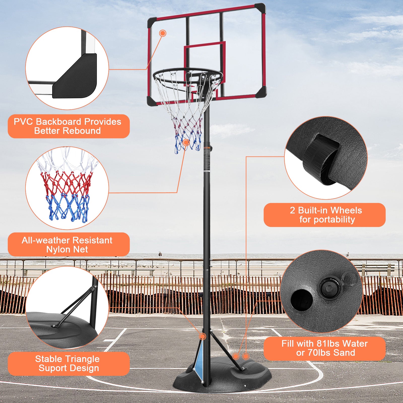 Portable Basketball Hoop System Stand Height Adjustable 7.5Ft 9.2Ft With 32 Inch Backboard And Wheels For Youth Adults Indoor Outdoor Basketball Goal Transparent Iron