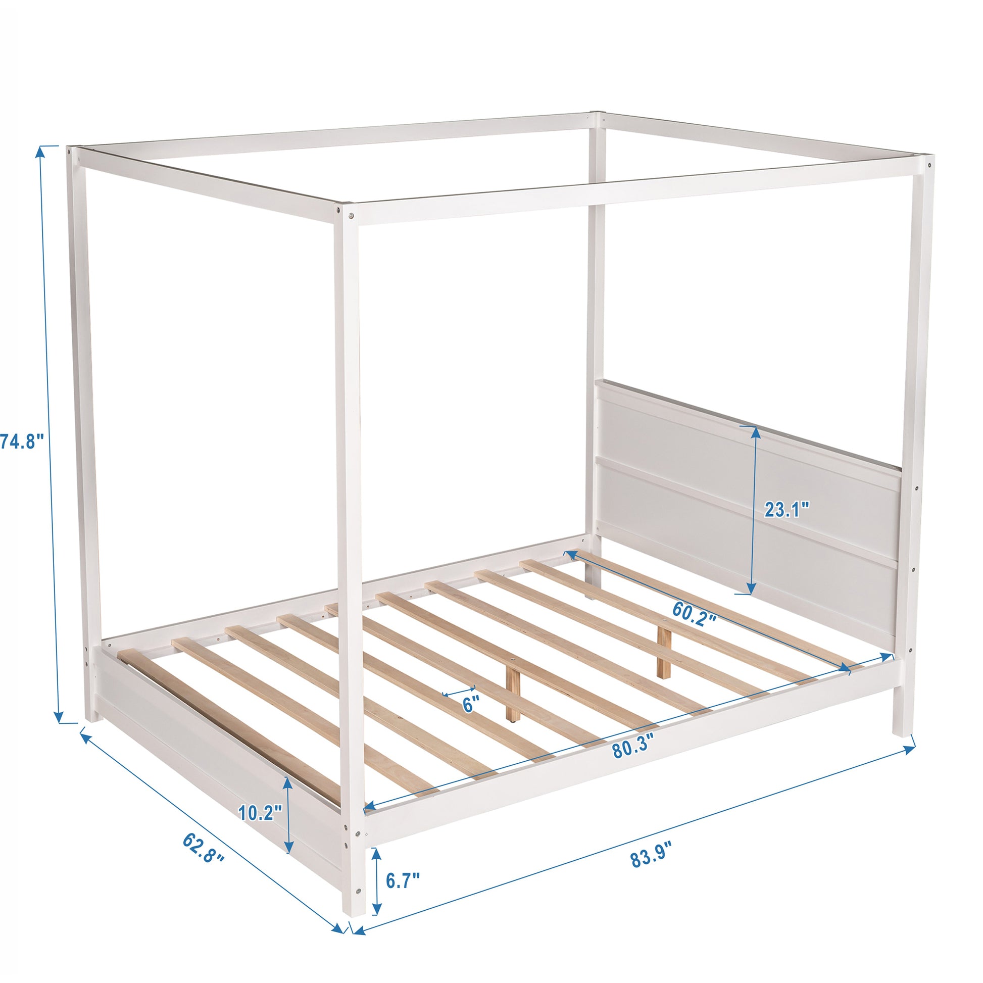 Queen Size Canopy Platform Bed With Headboard And Support Legs,White White Pine