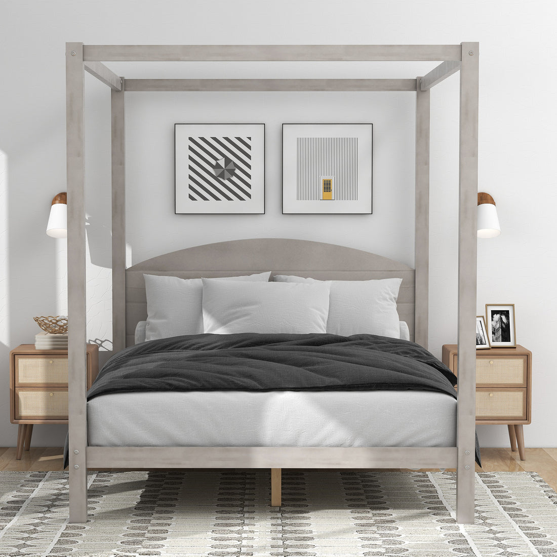 Queen Size Canopy Platform Bed With Headboard And Support Legs,Grey Wash Grey Pine