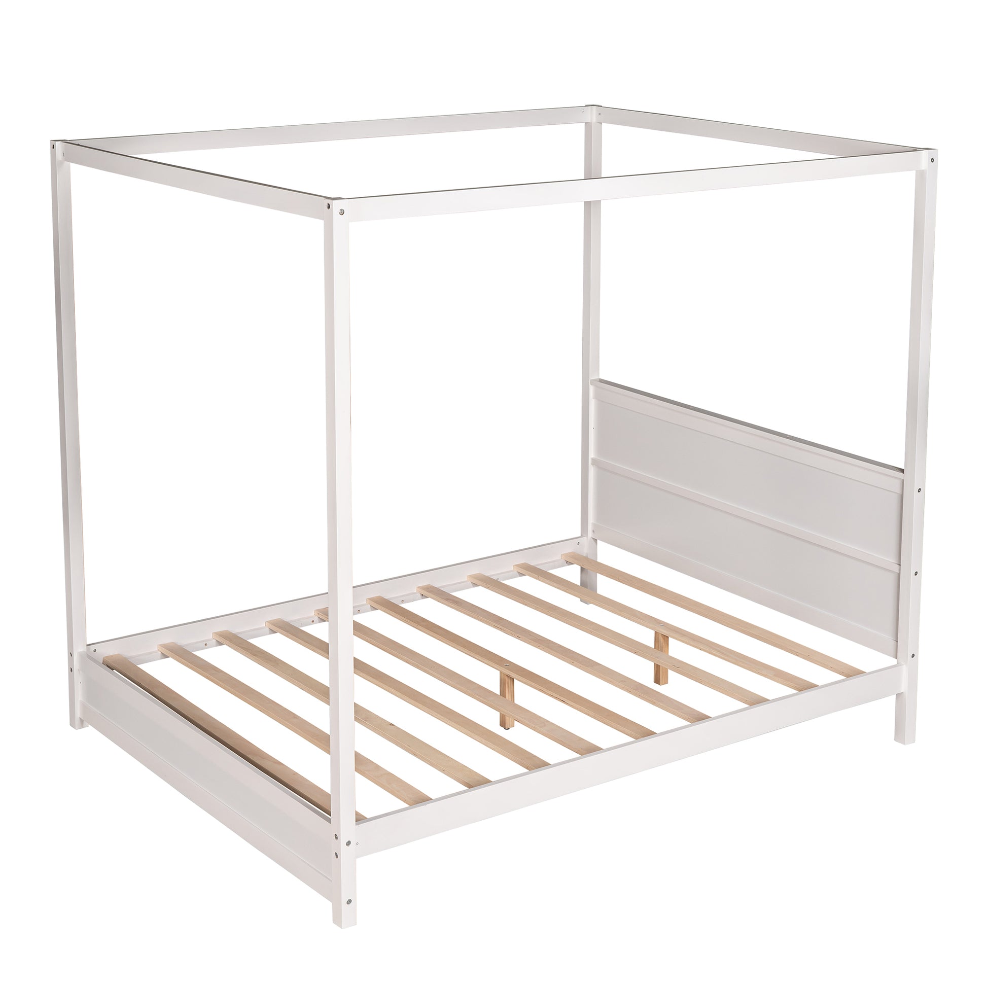 Queen Size Canopy Platform Bed With Headboard And Support Legs,White White Pine