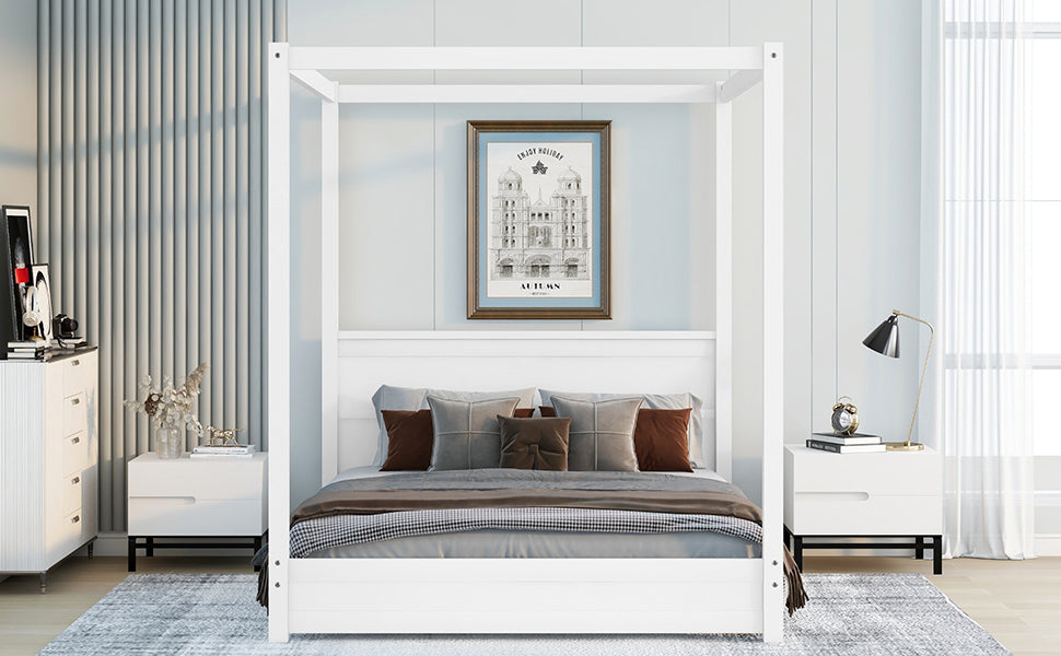 Queen Size Canopy Platform Bed With Headboard And Support Legs,White White Pine