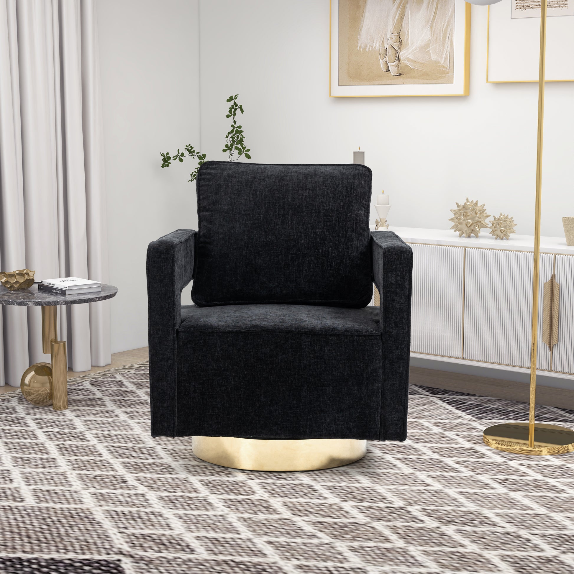 30.7"W Swivel Accent Open Back Chair Modern Comfy Sofa Chair With Gold Stainless Steel Base For Nursery Bedroom Living Room Hotel Office, Club Chair Leisure Arm Chair For Lounge Black Chenille Black