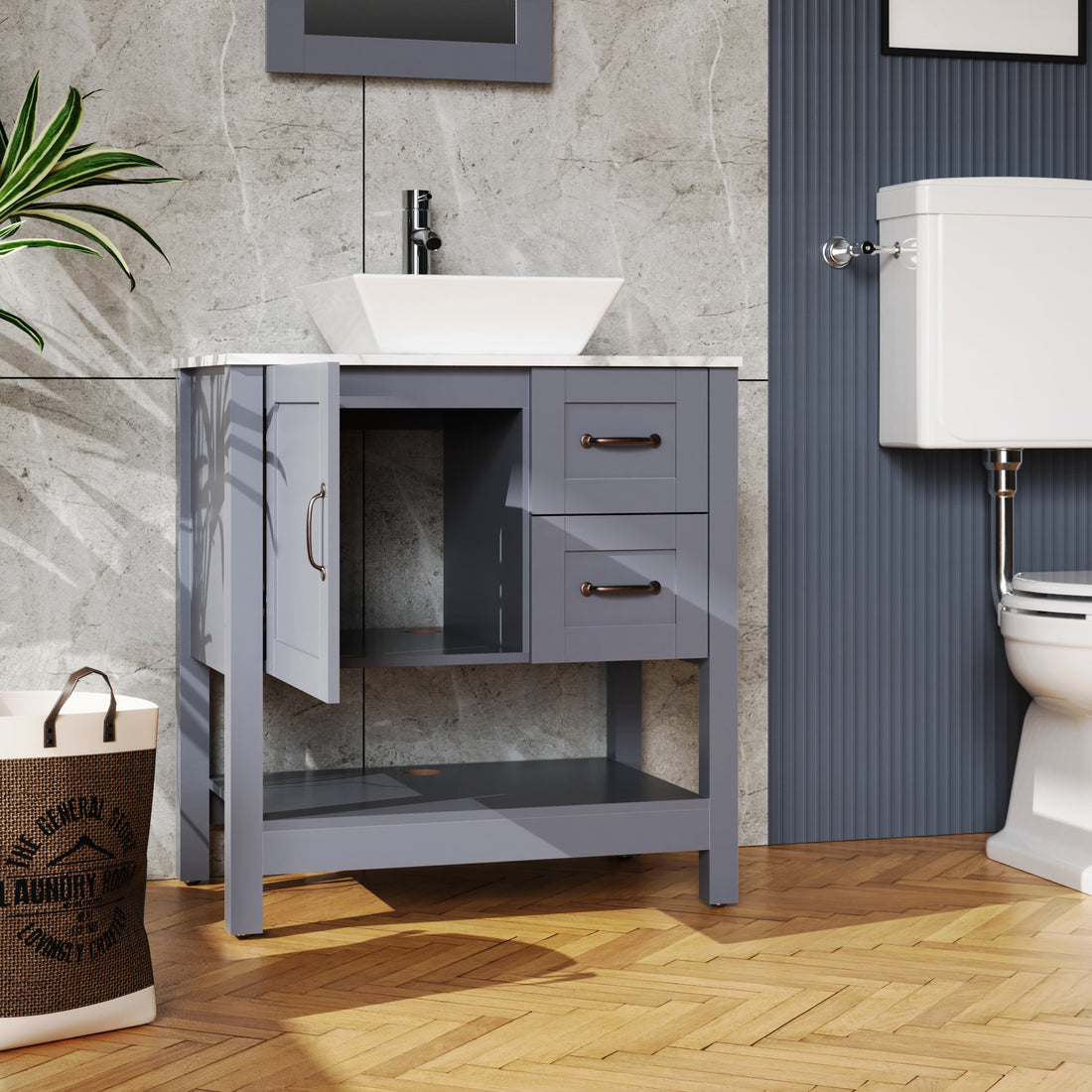 30" Gray Bathroom Vanity and Sink Combo Marble