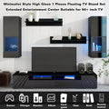 Extended, Minimalist Style 7 Pieces Floating Tv Stand Set, High Gloss Wall Mounted Entertainment Center With 16 Color Led Light Strips For 90 Inch Tv, Black Black Particle Board