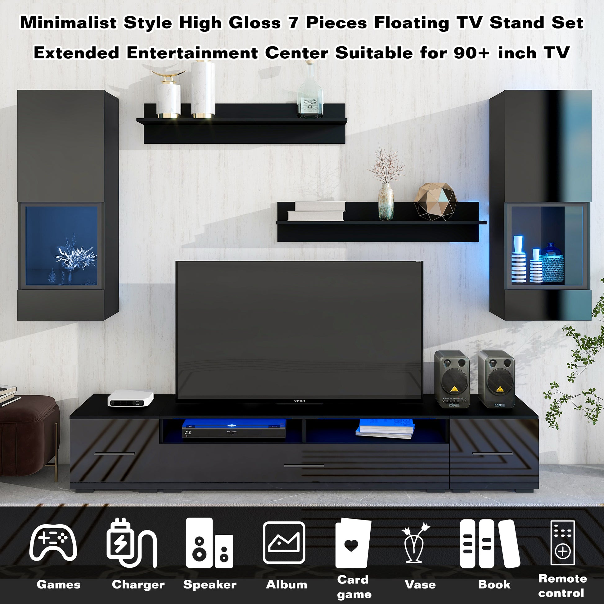 Extended, Minimalist Style 7 Pieces Floating Tv Stand Set, High Gloss Wall Mounted Entertainment Center With 16 Color Led Light Strips For 90 Inch Tv, Black Black Particle Board