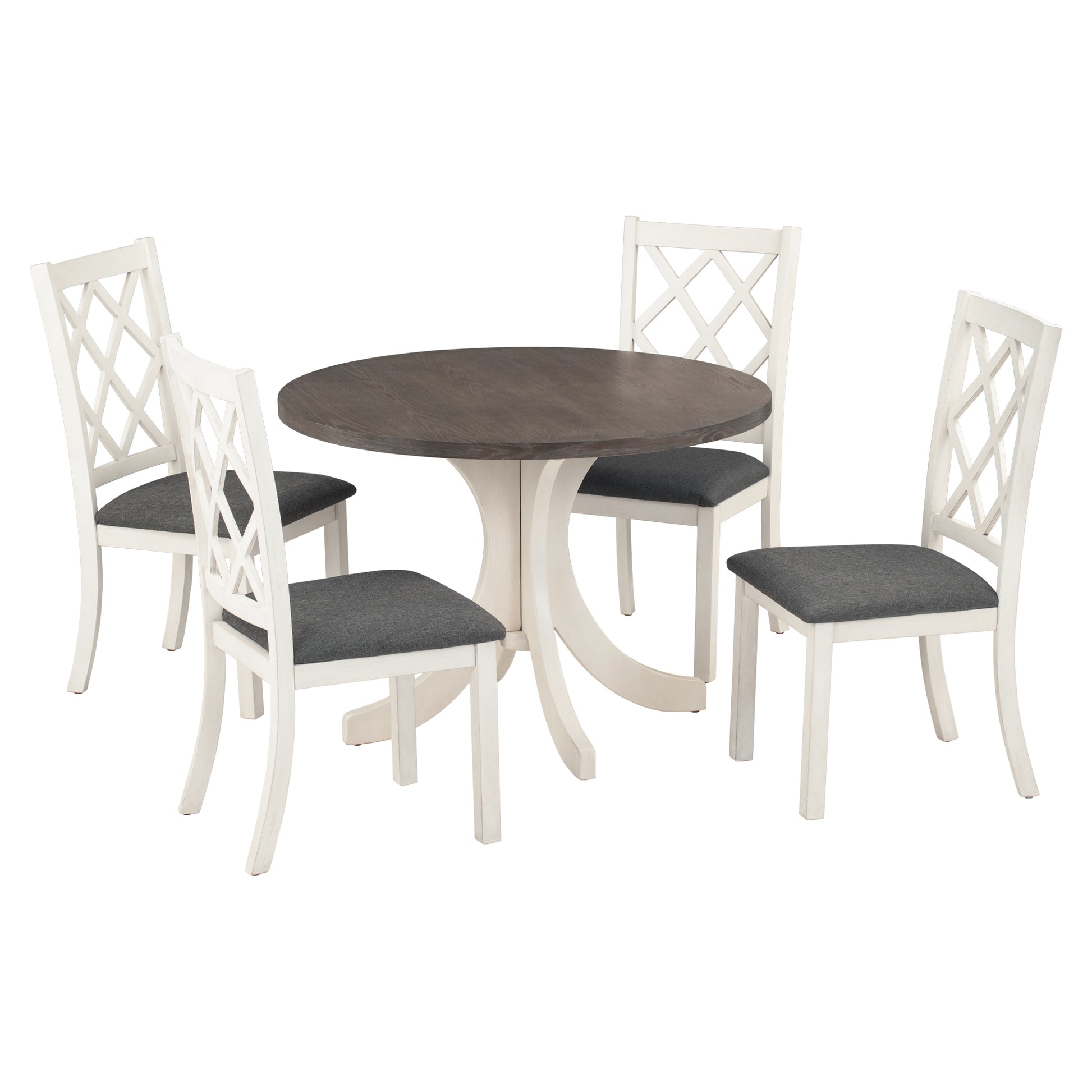 Mid Century Solid Wood 5 Piece Round Dining Table Set, Kitchen Table Set With Upholstered Chairs For Small Places, Brown Table Gray Chair Brown Wood Dining Room Solid Wood Rubberwood Round Dining Table With Chair Upholstered Chair Wood Brown Slat Back