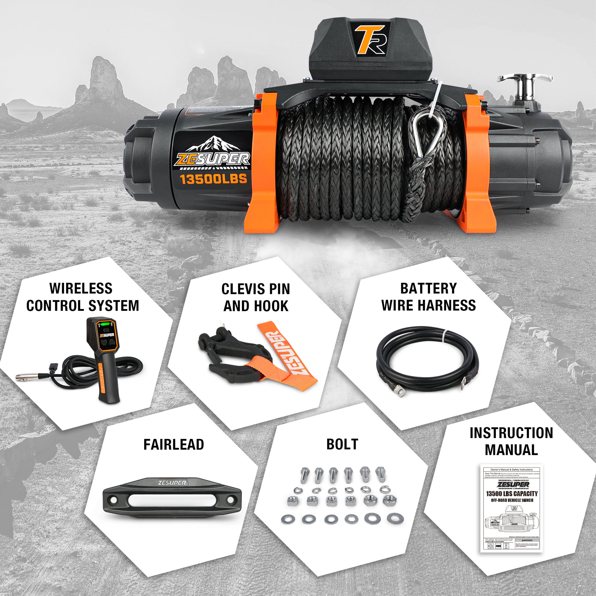 Zesuper 12V 13500 Lb Load Capacity Electric Winch Synthetic Rope Hook Winch Kit Waterproof Ip66 Electric Winch With Hawse Fairlead And 2 In 1 Wired Handle And Wireless Remote Black Aluminium