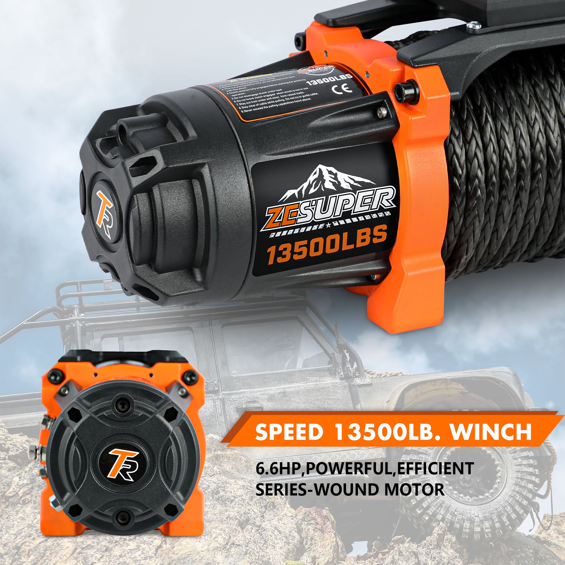 Zesuper 12V 13500 Lb Load Capacity Electric Winch Synthetic Rope Hook Winch Kit Waterproof Ip66 Electric Winch With Hawse Fairlead And 2 In 1 Wired Handle And Wireless Remote Black Aluminium