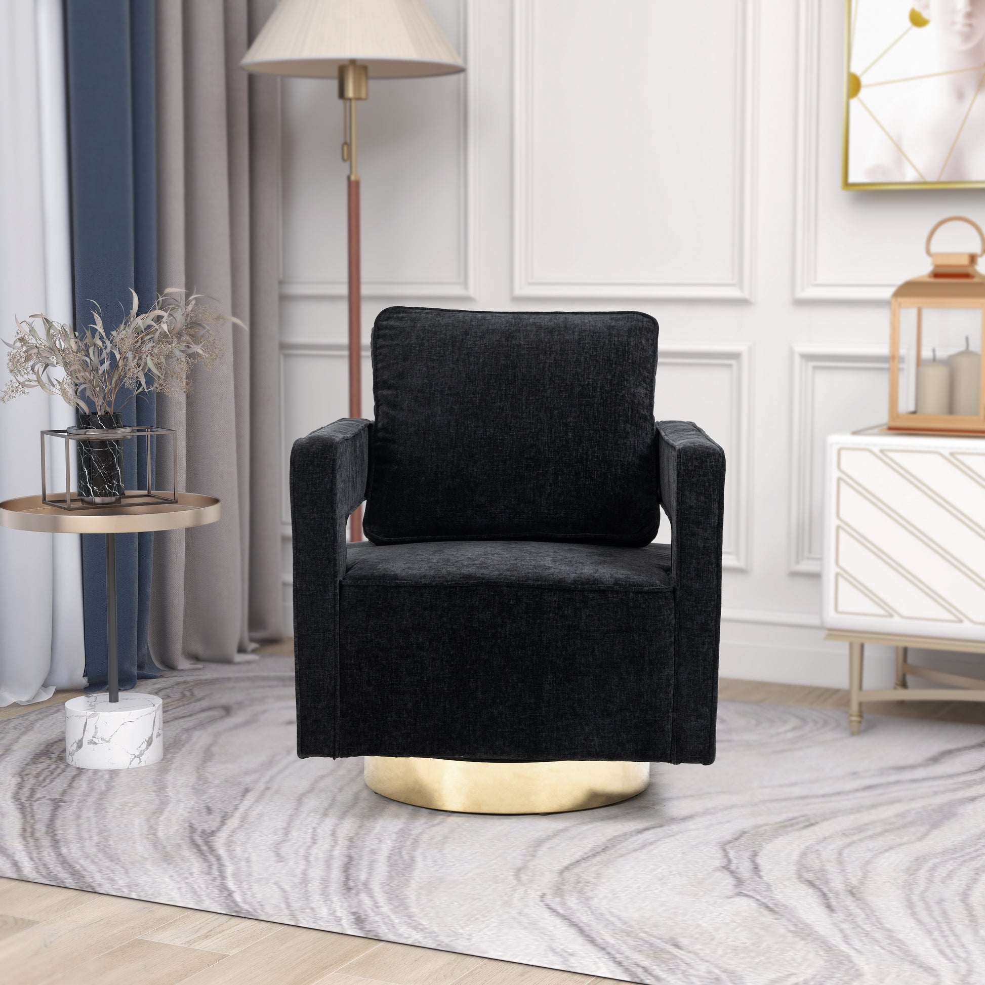 30.7"W Swivel Accent Open Back Chair Modern Comfy Sofa Chair With Gold Stainless Steel Base For Nursery Bedroom Living Room Hotel Office, Club Chair Leisure Arm Chair For Lounge Black Chenille Black