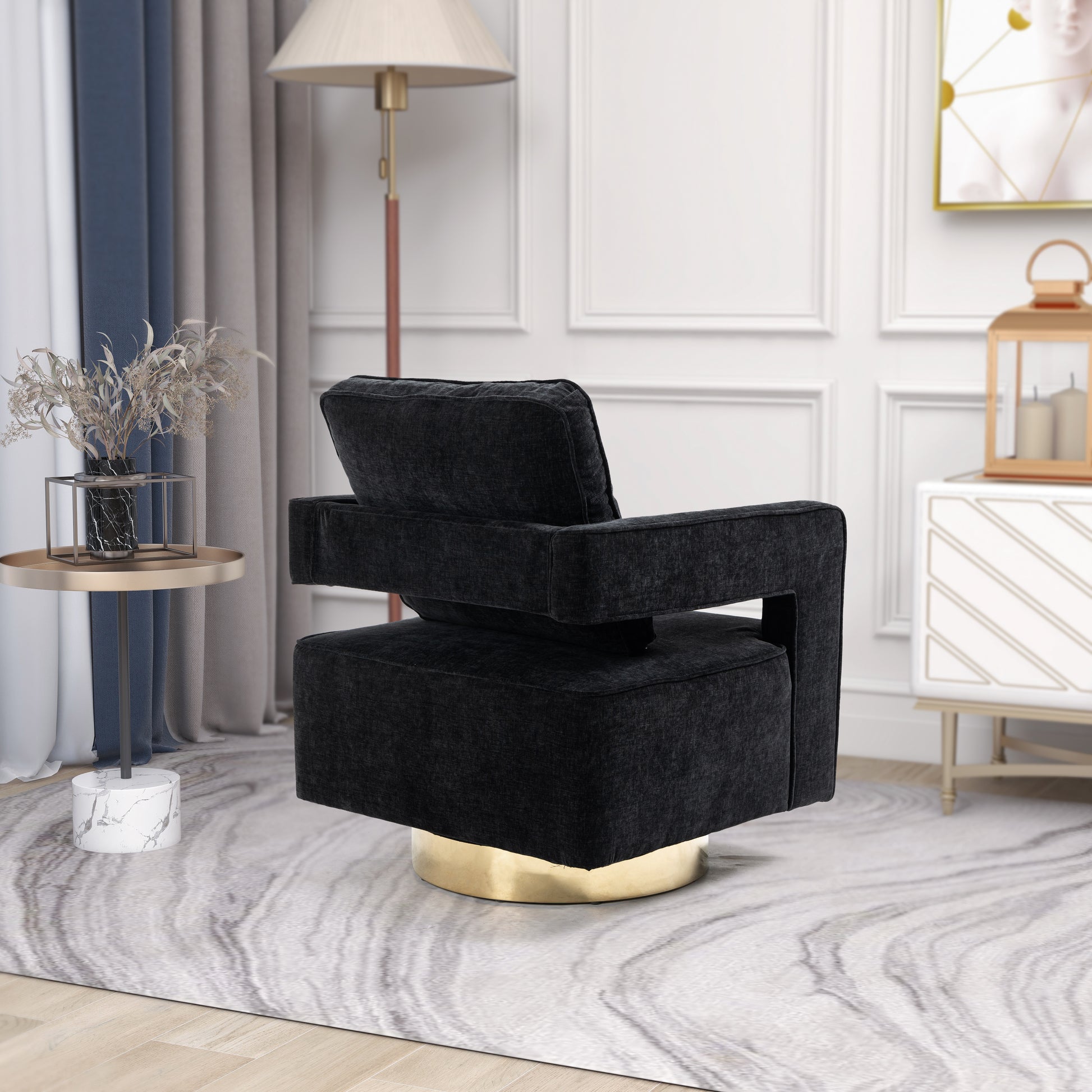 30.7"W Swivel Accent Open Back Chair Modern Comfy Sofa Chair With Gold Stainless Steel Base For Nursery Bedroom Living Room Hotel Office, Club Chair Leisure Arm Chair For Lounge Black Chenille Black