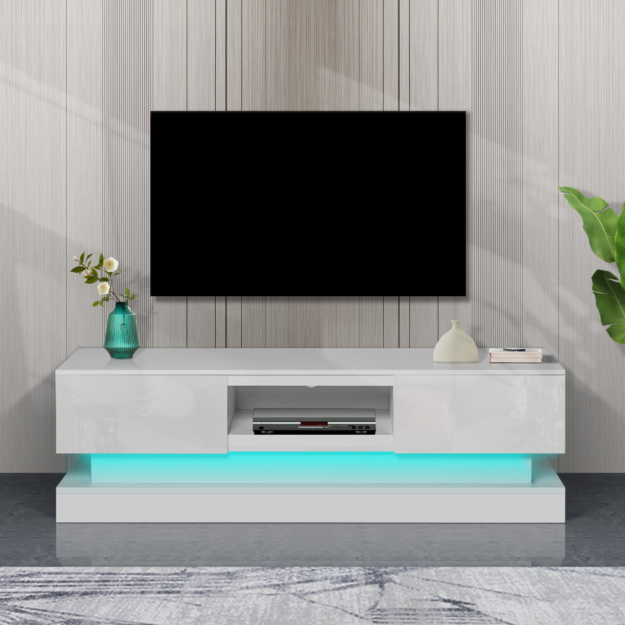 63inch WHITE morden TV Stand with LED Lights,high white-primary living space-60 inches-60-69