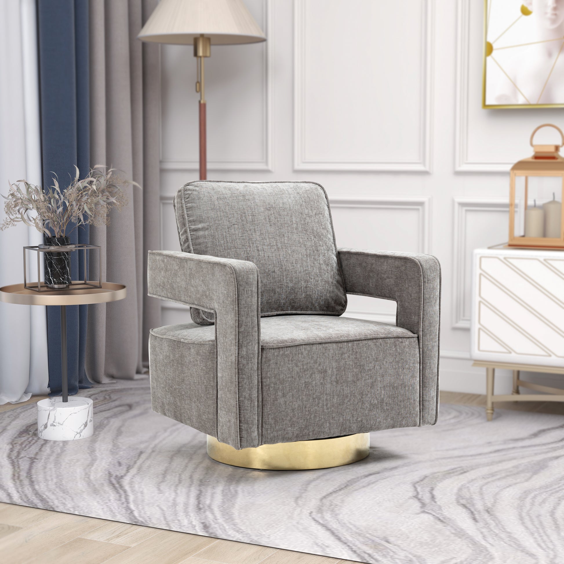 30.7"W Swivel Accent Open Back Chair Modern Comfy Sofa Chair With Gold Stainless Steel Base For Nursery Bedroom Living Room Hotel Office, Club Chair Leisure Arm Chair For Lounge Gray Chenille Gray