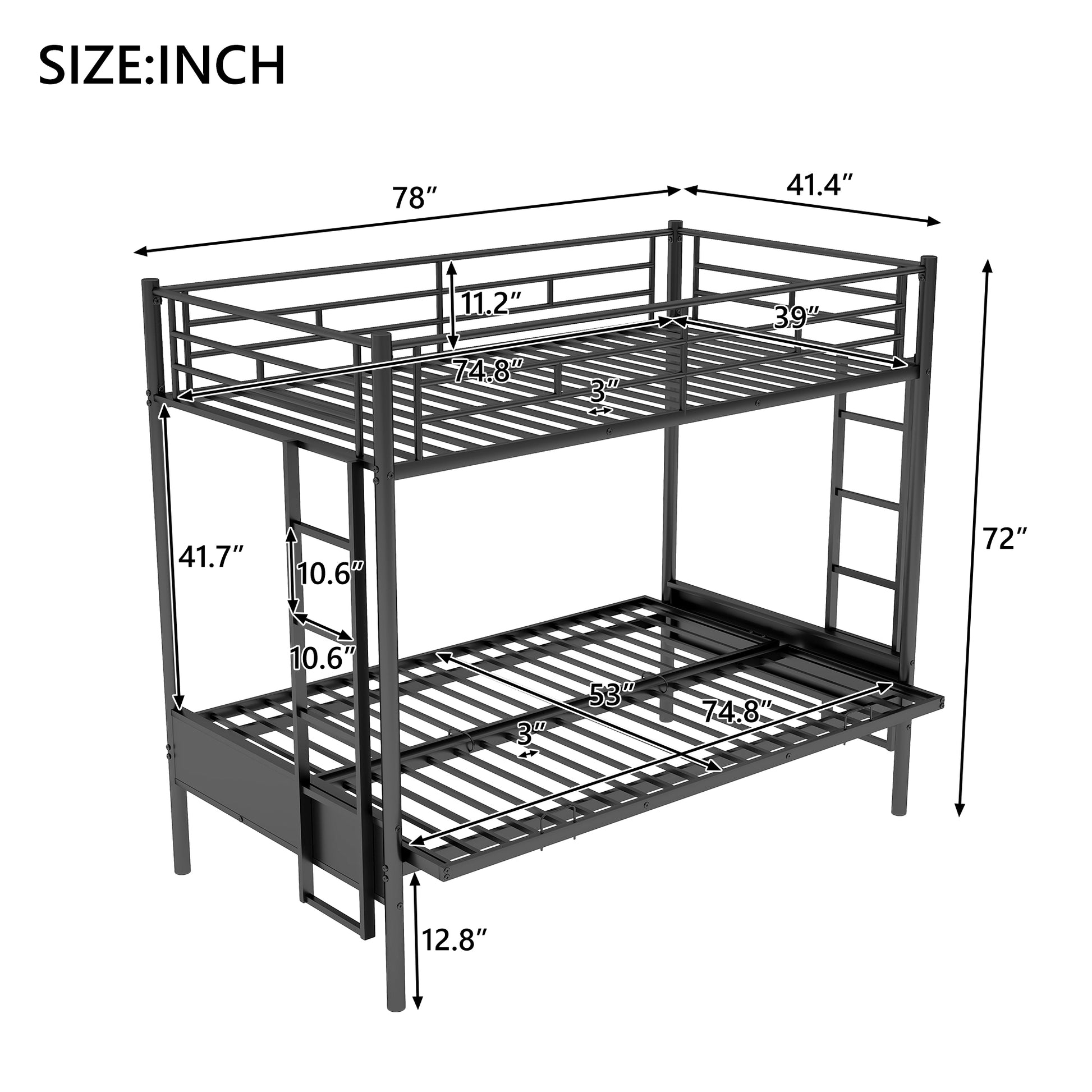 Twin Over Full Metal Bunk Bed, Multi Function,Black Old Sku:Mf193079Aab Black Metal