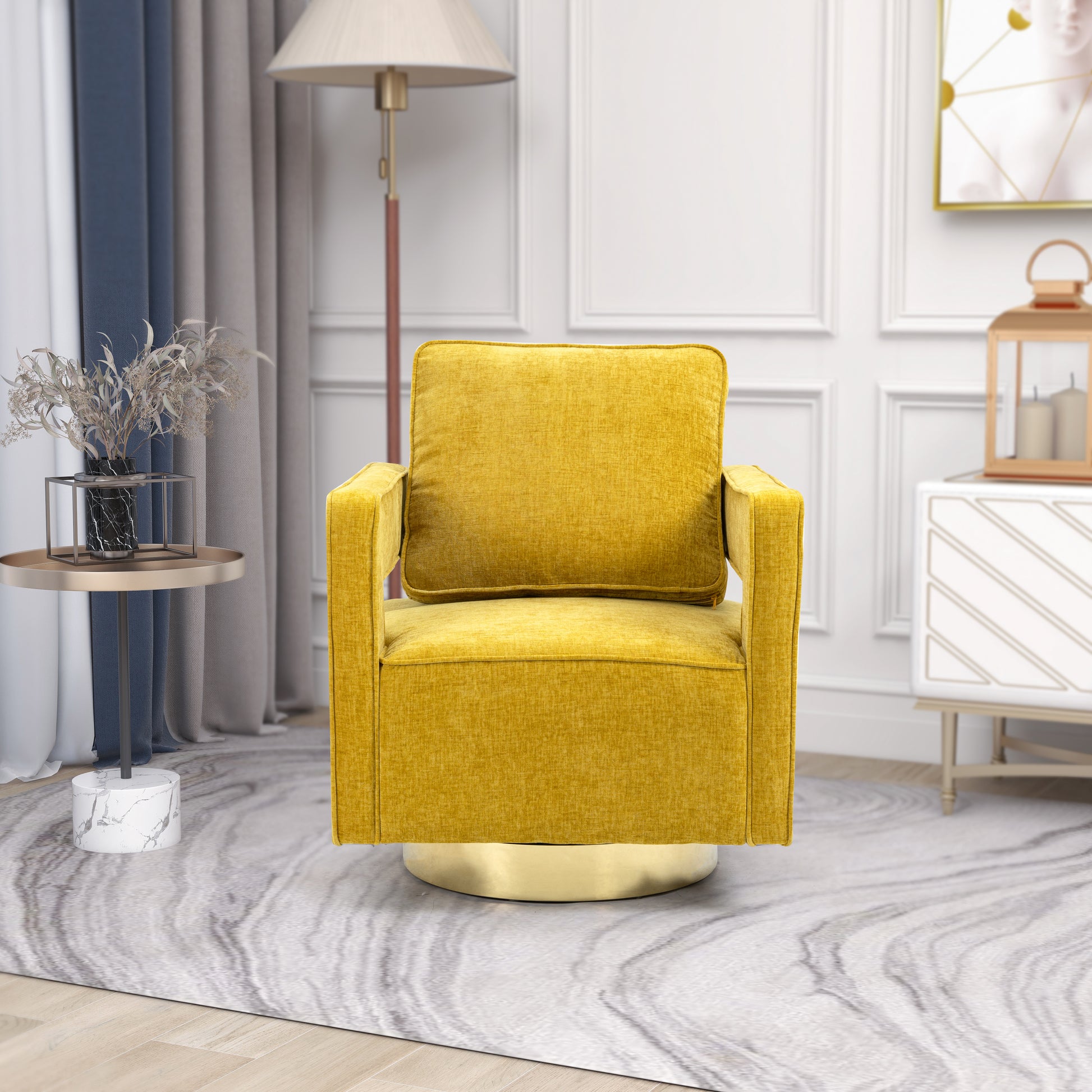 30.7"W Swivel Accent Open Back Chair Modern Comfy Sofa Chair With Gold Stainless Steel Base For Nursery Bedroom Living Room Hotel Office, Club Chair Leisure Arm Chair For Lounge Mustard Chenille