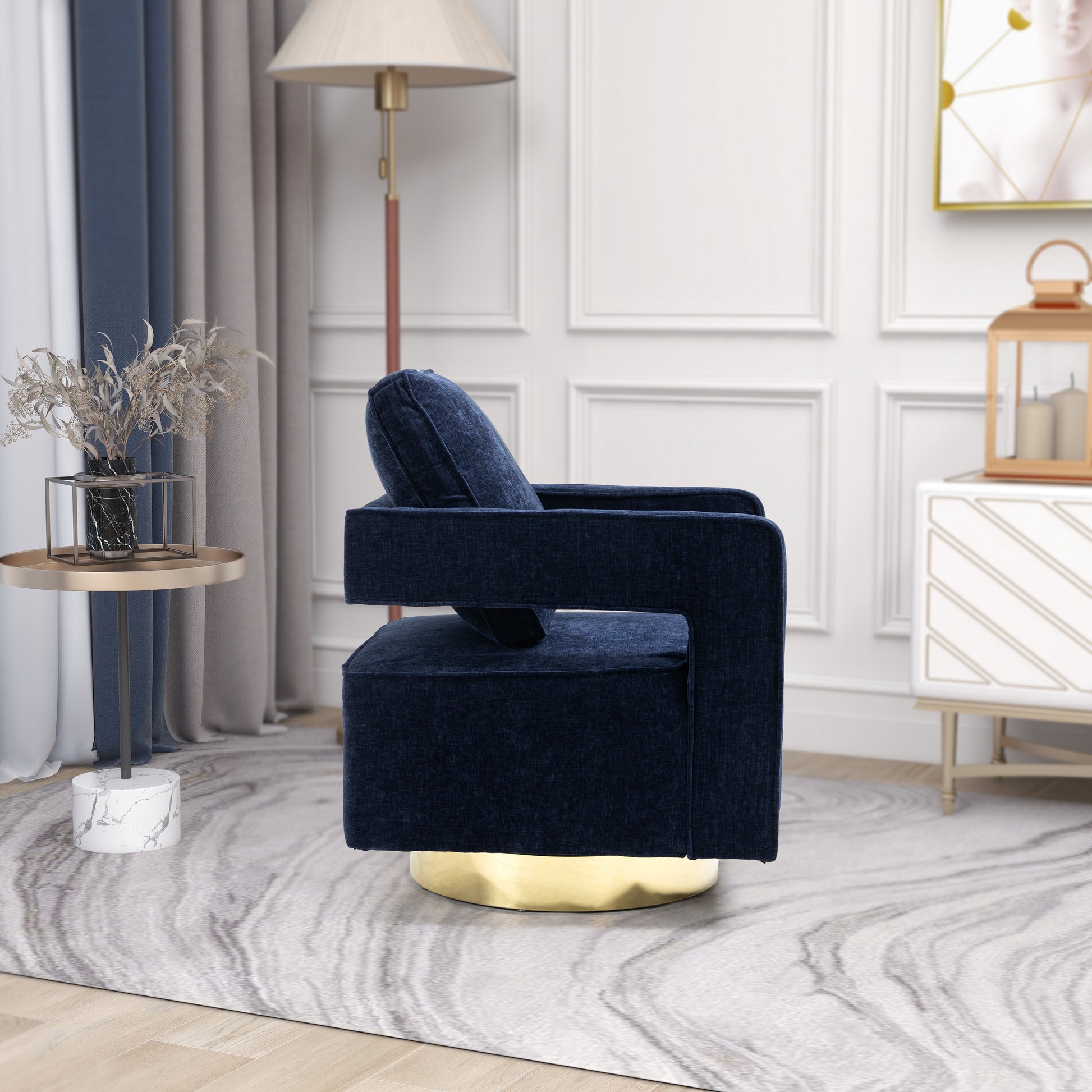 30.7"W Swivel Accent Open Back Chair Modern Comfy Sofa Chair With Gold Stainless Steel Base For Nursery Bedroom Living Room Hotel Office, Club Chair Leisure Arm Chair For Lounge Navy Chenille Navy