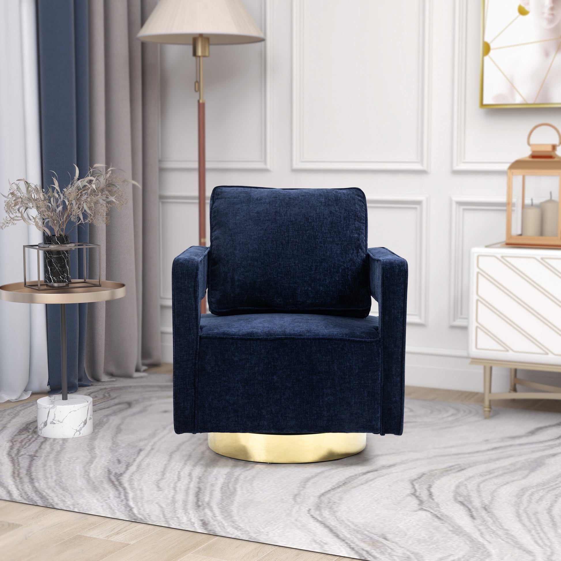 30.7"W Swivel Accent Open Back Chair Modern Comfy Sofa Chair With Gold Stainless Steel Base For Nursery Bedroom Living Room Hotel Office, Club Chair Leisure Arm Chair For Lounge Navy Chenille Navy