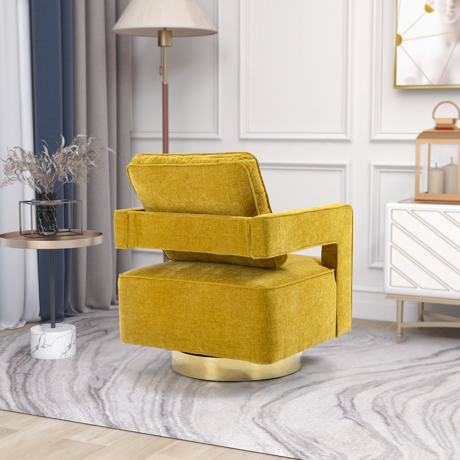 30.7"W Swivel Accent Open Back Chair Modern Comfy Sofa Chair With Gold Stainless Steel Base For Nursery Bedroom Living Room Hotel Office, Club Chair Leisure Arm Chair For Lounge Mustard Chenille