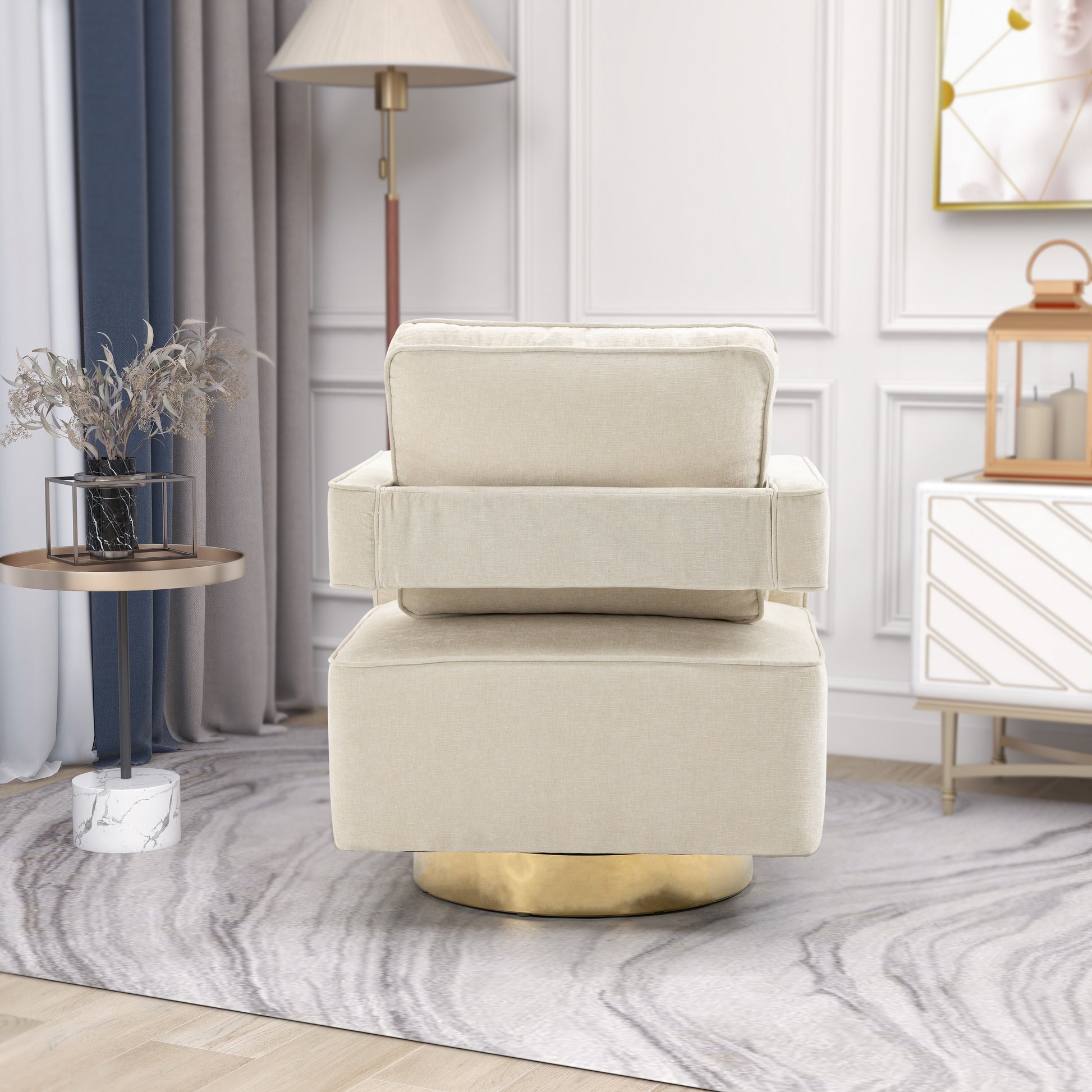 30.7"W Swivel Accent Open Back Chair Modern Comfy Sofa Chair With Gold Stainless Steel Base For Nursery Bedroom Living Room Hotel Office, Club Chair Leisure Arm Chair For Lounge Beige Chenille Beige