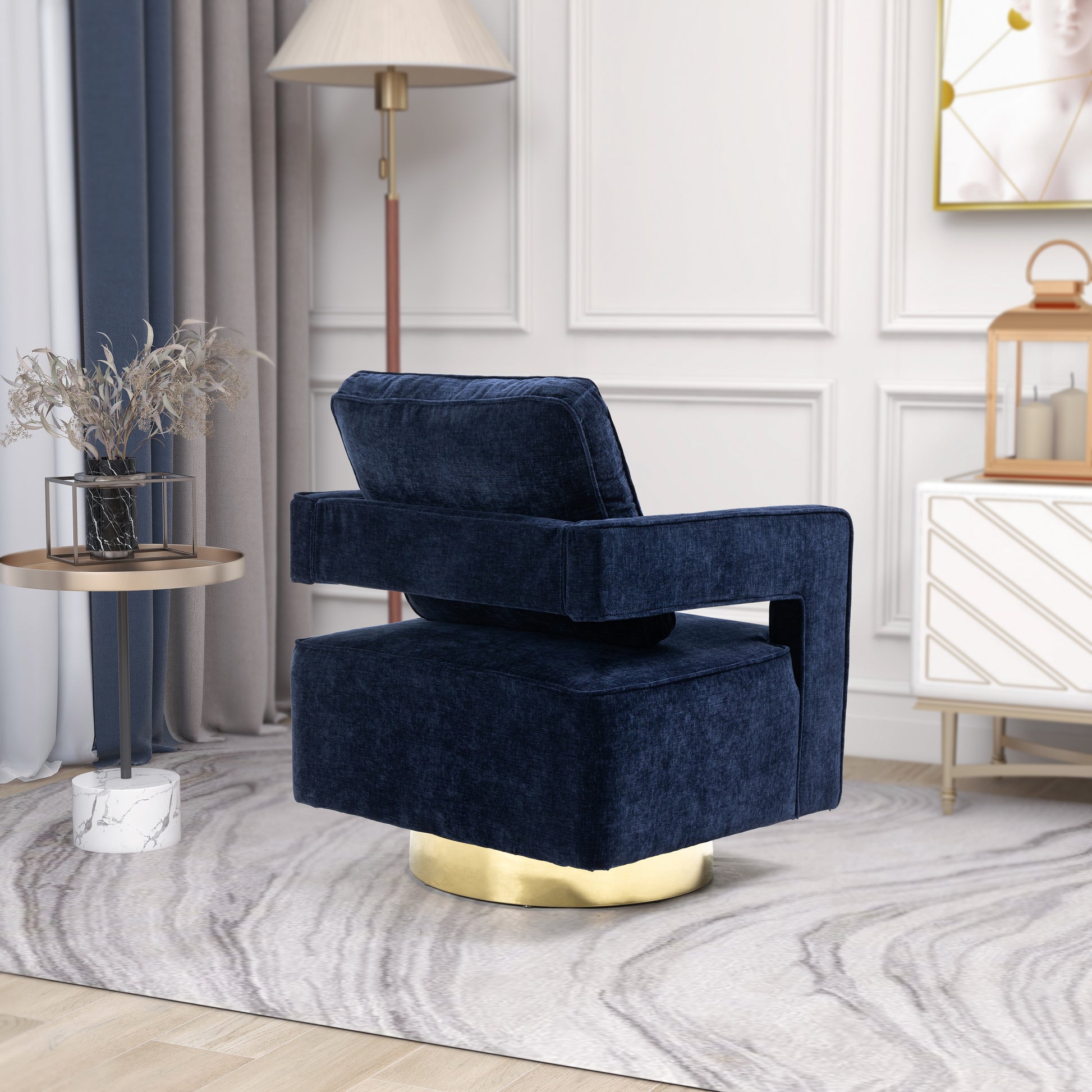 30.7"W Swivel Accent Open Back Chair Modern Comfy Sofa Chair With Gold Stainless Steel Base For Nursery Bedroom Living Room Hotel Office, Club Chair Leisure Arm Chair For Lounge Navy Chenille Navy