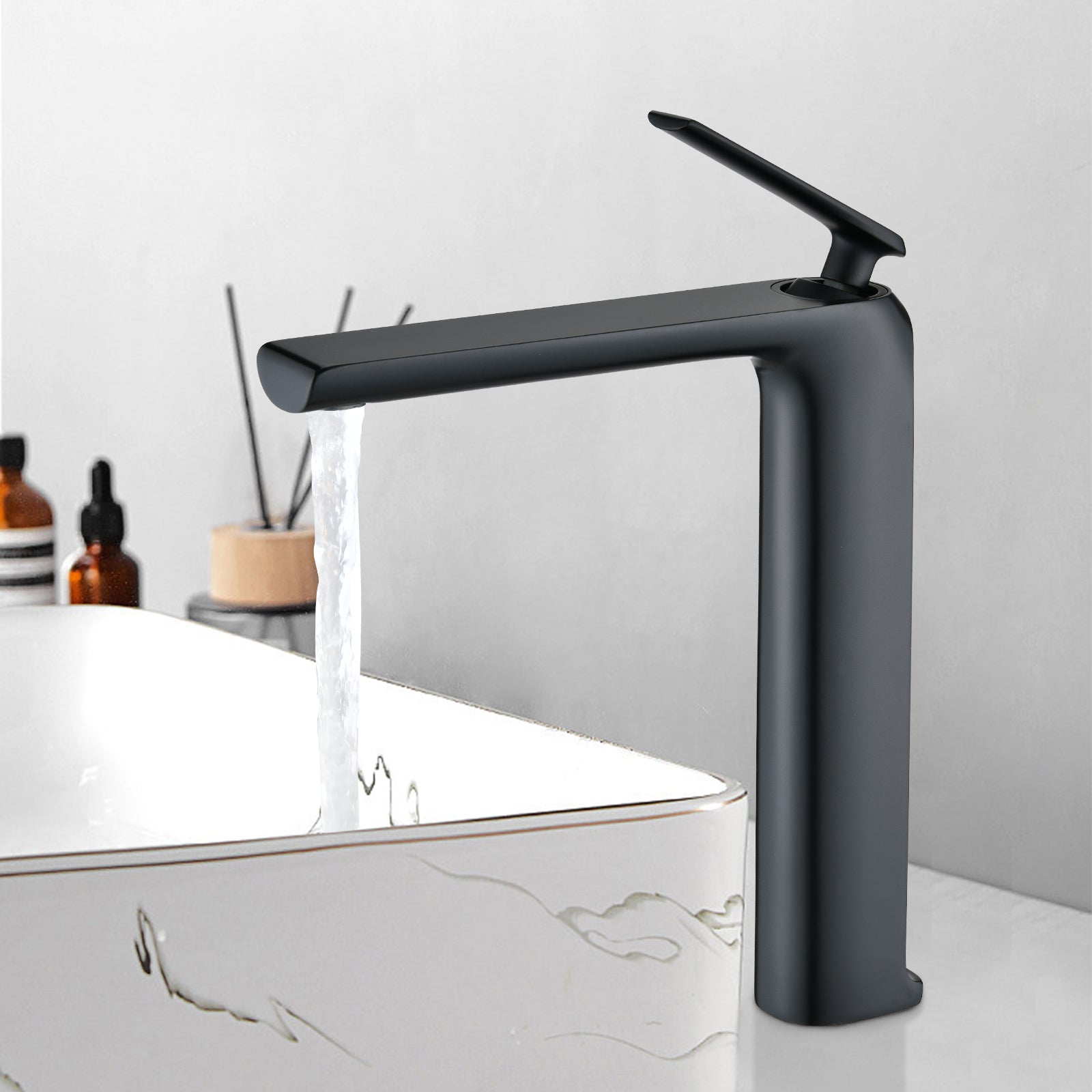 Single Hole Single Handle High Arc Modern Bathroom Faucet In Matte Black Matte Black Brass