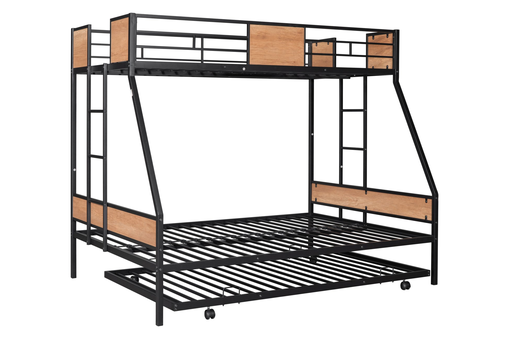 Metal Twin Over Full Bunk Bed With Trundle Heavy Duty Sturdy Metal Noise Reduced Safety Guardrail Wooden Decoration Convenient Trundle Bunk Bed For Three Cpc Certified No Box Spring Needed Black Metal