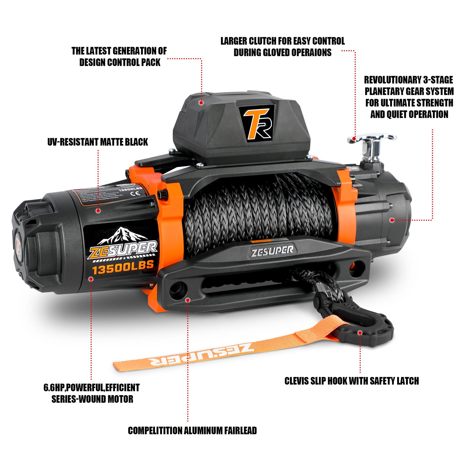 Zesuper 12V 13500 Lb Load Capacity Electric Winch Synthetic Rope Hook Winch Kit Waterproof Ip66 Electric Winch With Hawse Fairlead And 2 In 1 Wired Handle And Wireless Remote Black Aluminium