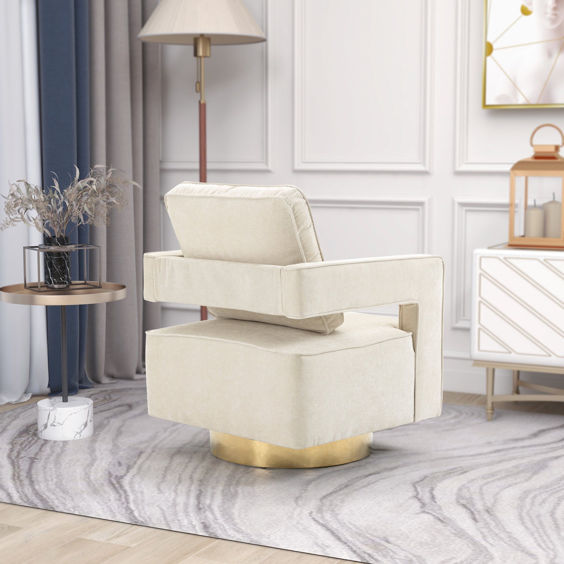 30.7"W Swivel Accent Open Back Chair Modern Comfy Sofa Chair With Gold Stainless Steel Base For Nursery Bedroom Living Room Hotel Office, Club Chair Leisure Arm Chair For Lounge Beige Chenille Beige