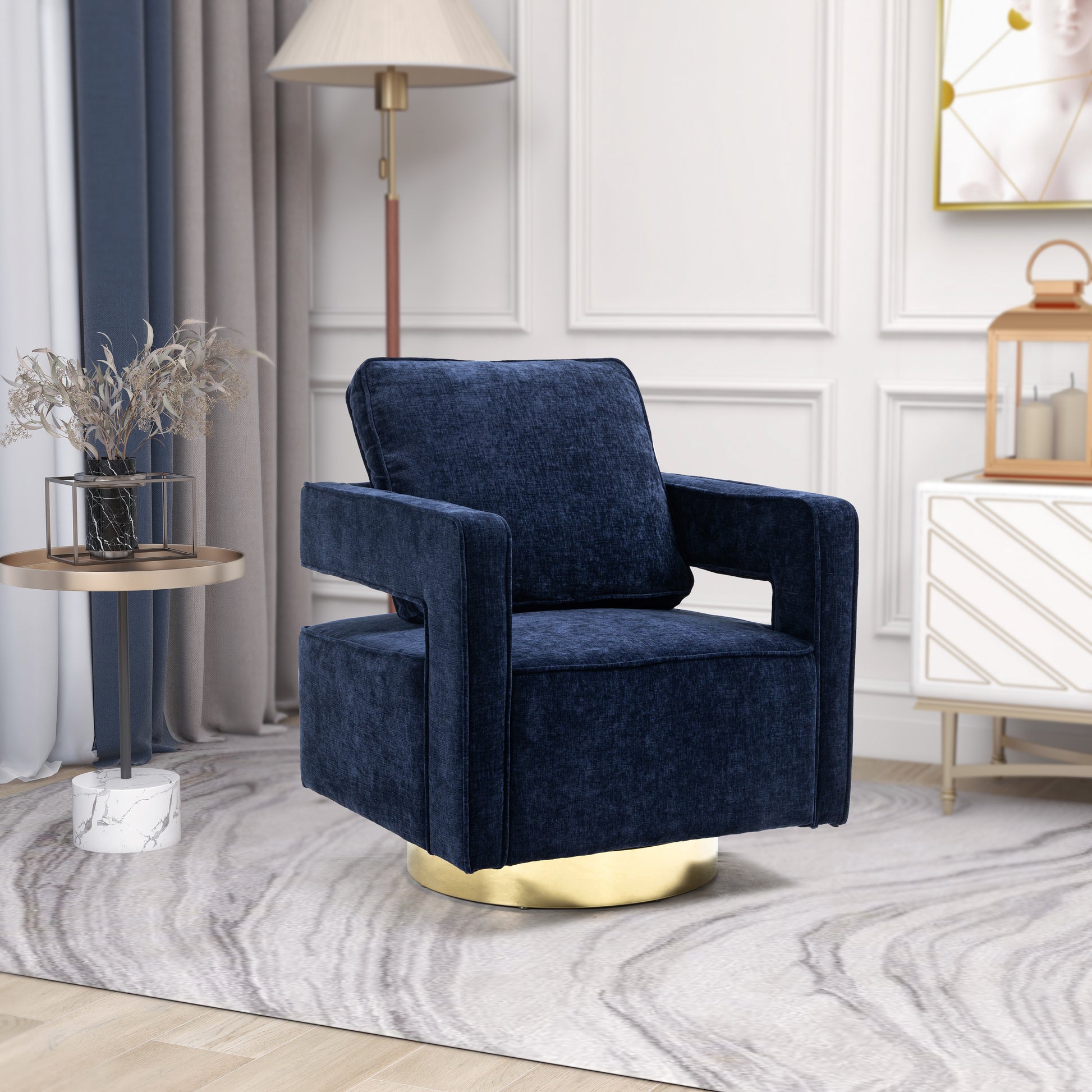 30.7"W Swivel Accent Open Back Chair Modern Comfy Sofa Chair With Gold Stainless Steel Base For Nursery Bedroom Living Room Hotel Office, Club Chair Leisure Arm Chair For Lounge Navy Chenille Navy