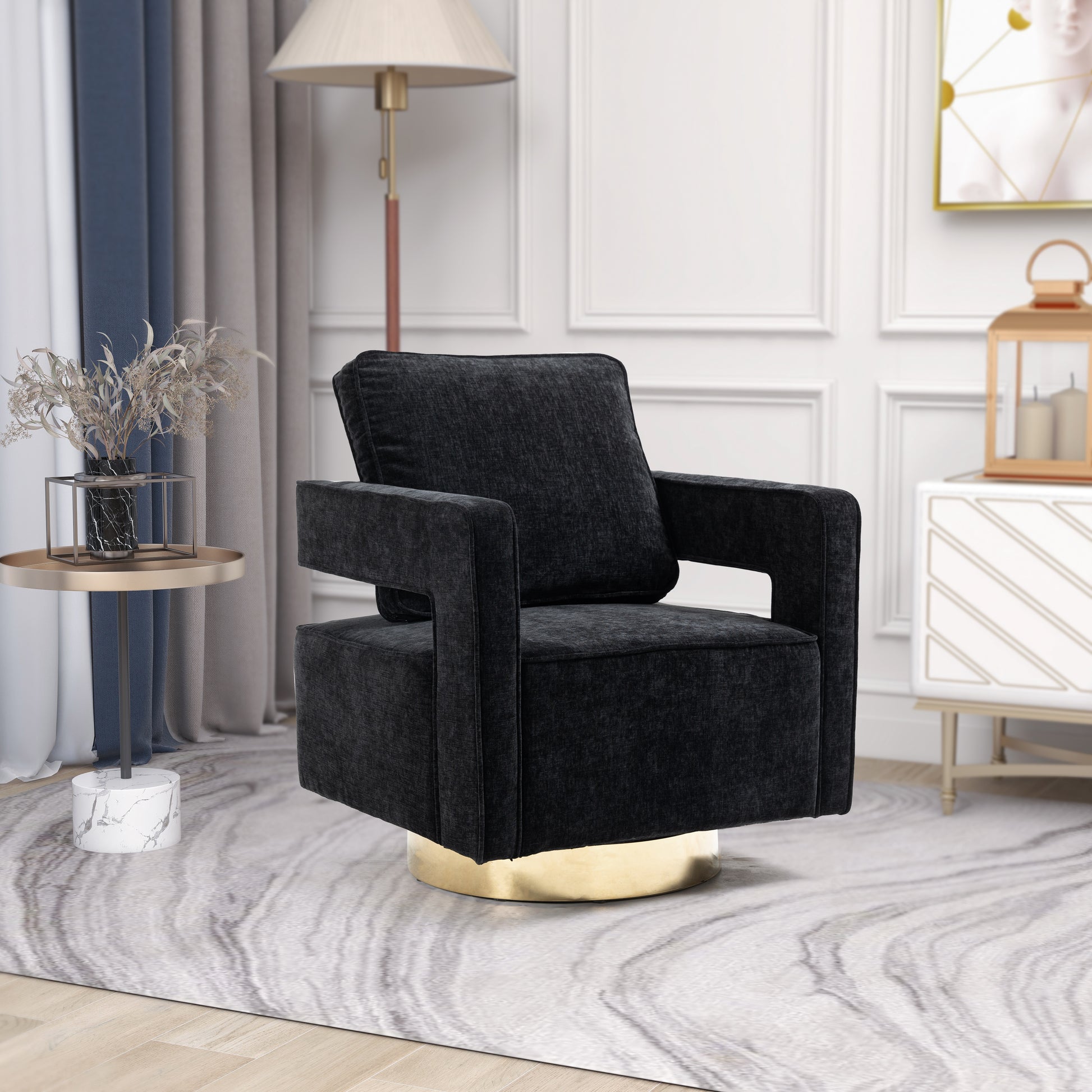 30.7"W Swivel Accent Open Back Chair Modern Comfy Sofa Chair With Gold Stainless Steel Base For Nursery Bedroom Living Room Hotel Office, Club Chair Leisure Arm Chair For Lounge Black Chenille Black