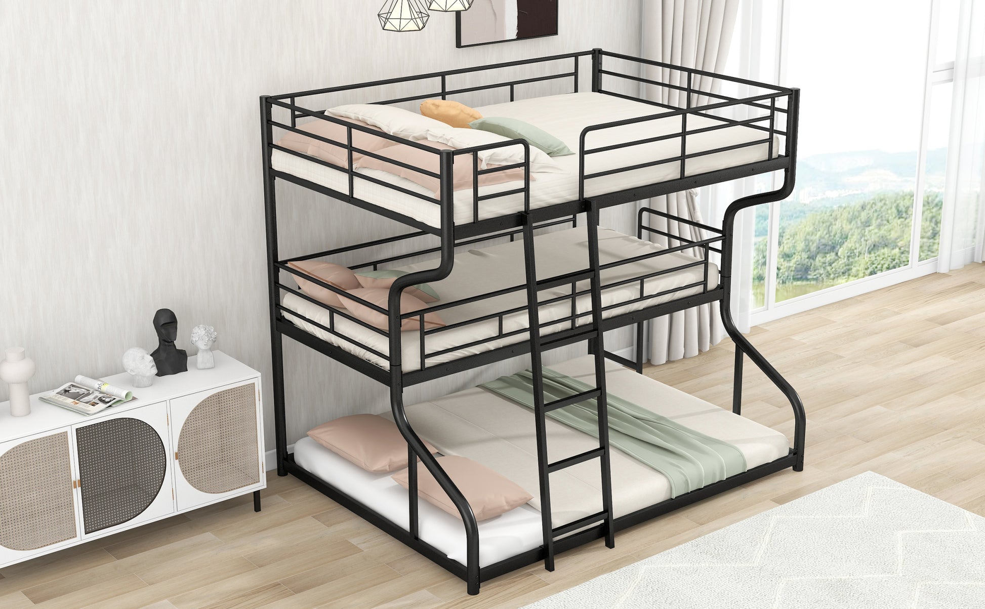 Full Xl Over Twin Xl Over Queen Size Triple Bunk Bed With Long And Short Ladder,Black Box Spring Not Required Black Metal Bedroom Bunk Metal