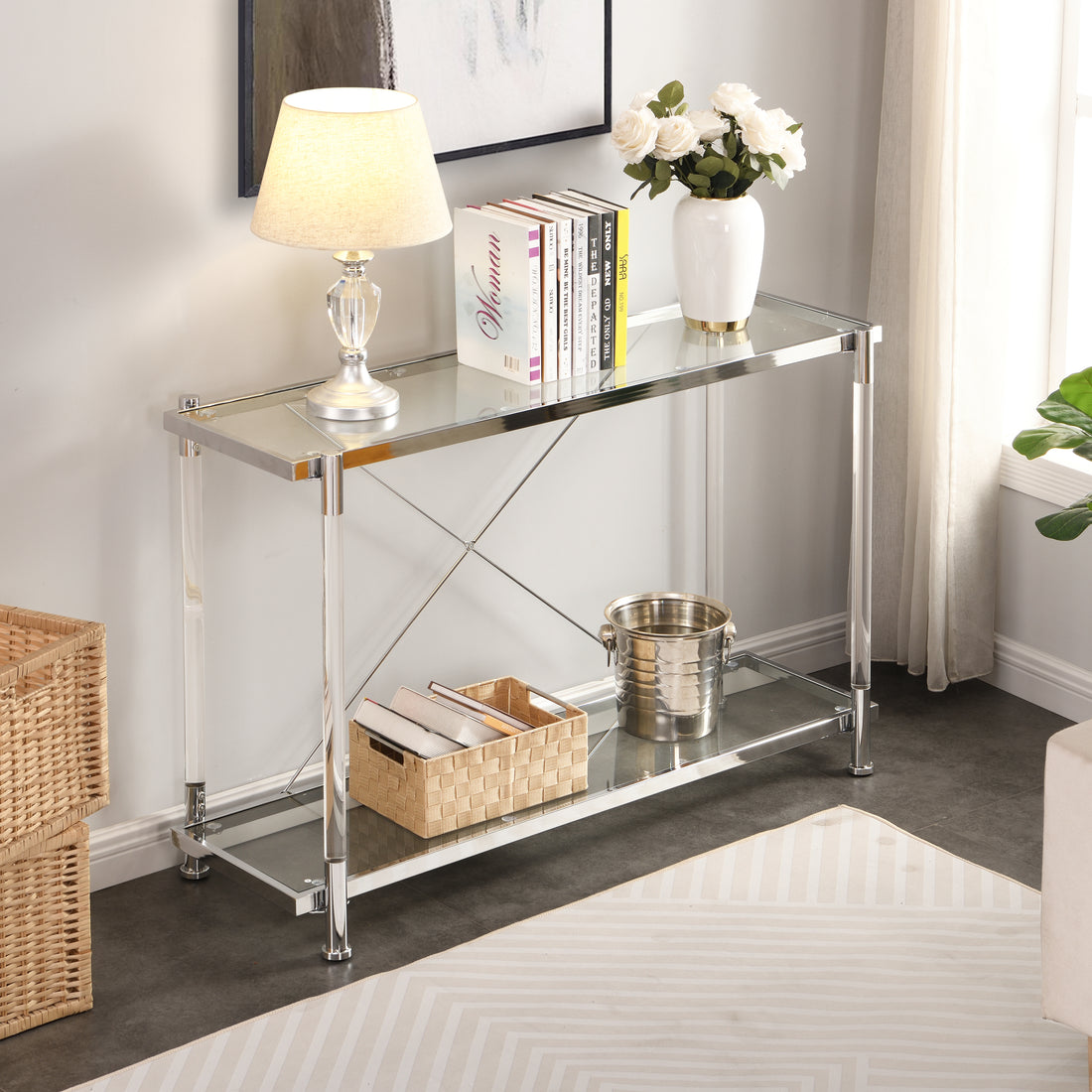 43.31'' Chrome Glass Sofa Table, Acrylic Side Table, Console Table For Living Room& Bedroom Chrome Console Tables Glass Iron