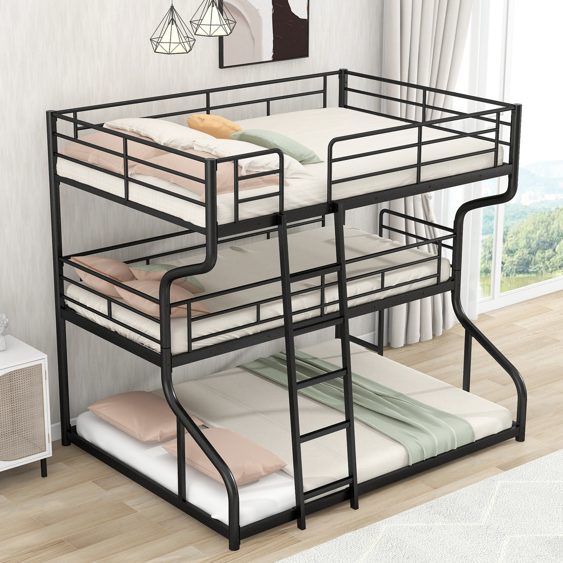 Full Xl Over Twin Xl Over Queen Size Triple Bunk Bed With Long And Short Ladder,Black Box Spring Not Required Black Metal Bedroom Bunk Metal