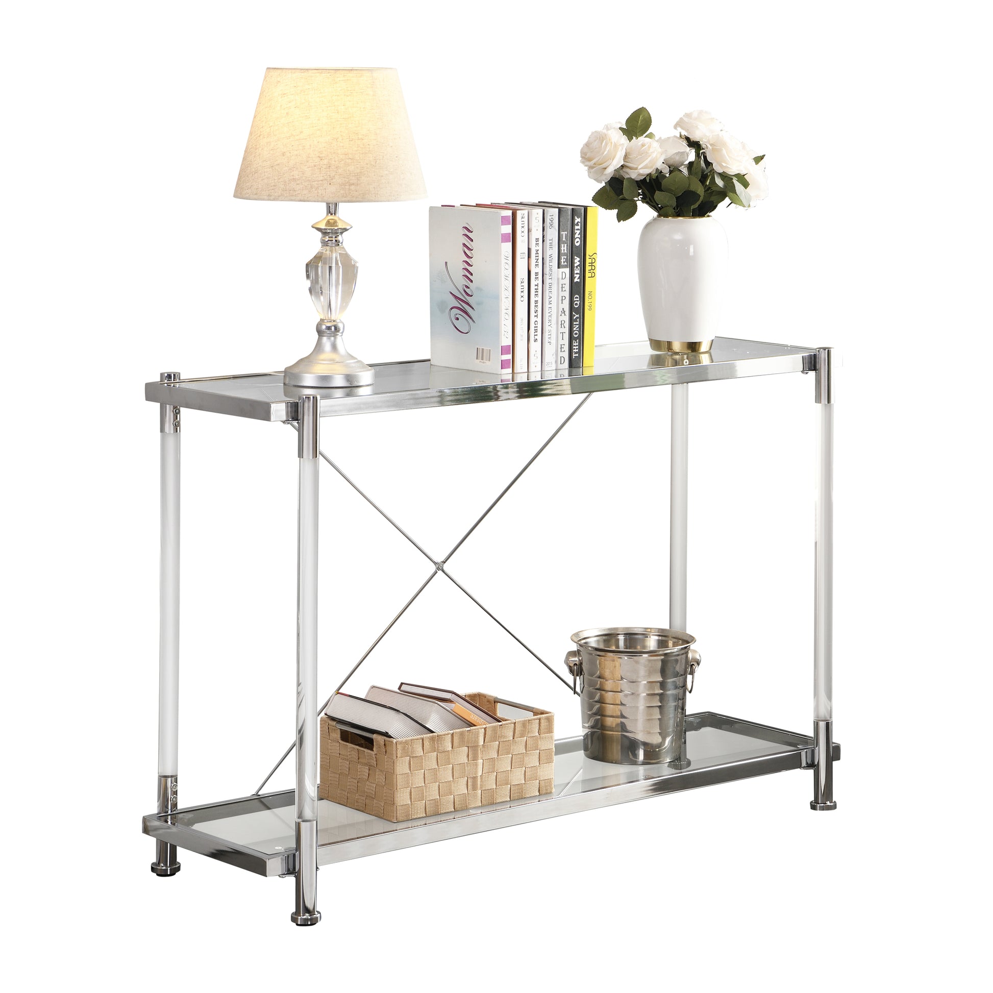 43.31'' Chrome Glass Sofa Table, Acrylic Side Table, Console Table For Living Room& Bedroom Chrome Console Tables Glass Iron