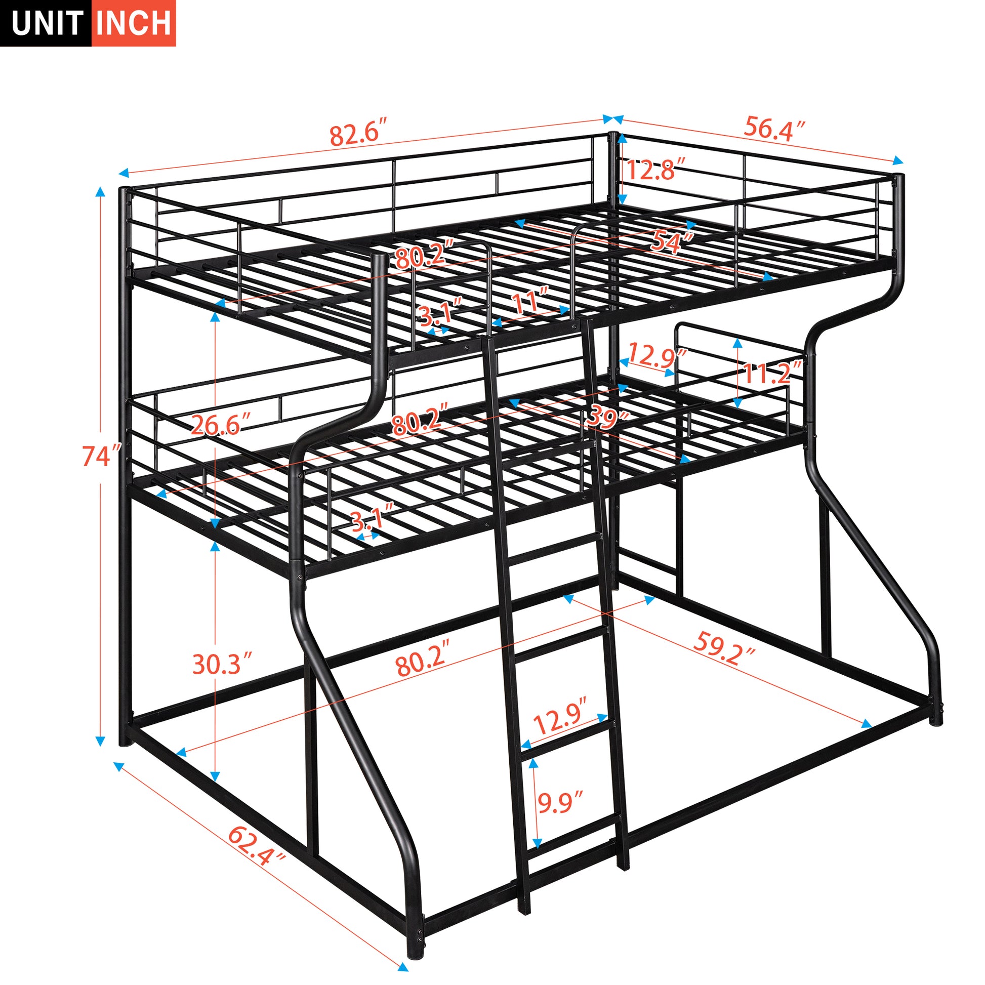 Full Xl Over Twin Xl Over Queen Size Triple Bunk Bed With Long And Short Ladder,Black Box Spring Not Required Black Metal Bedroom Bunk Metal