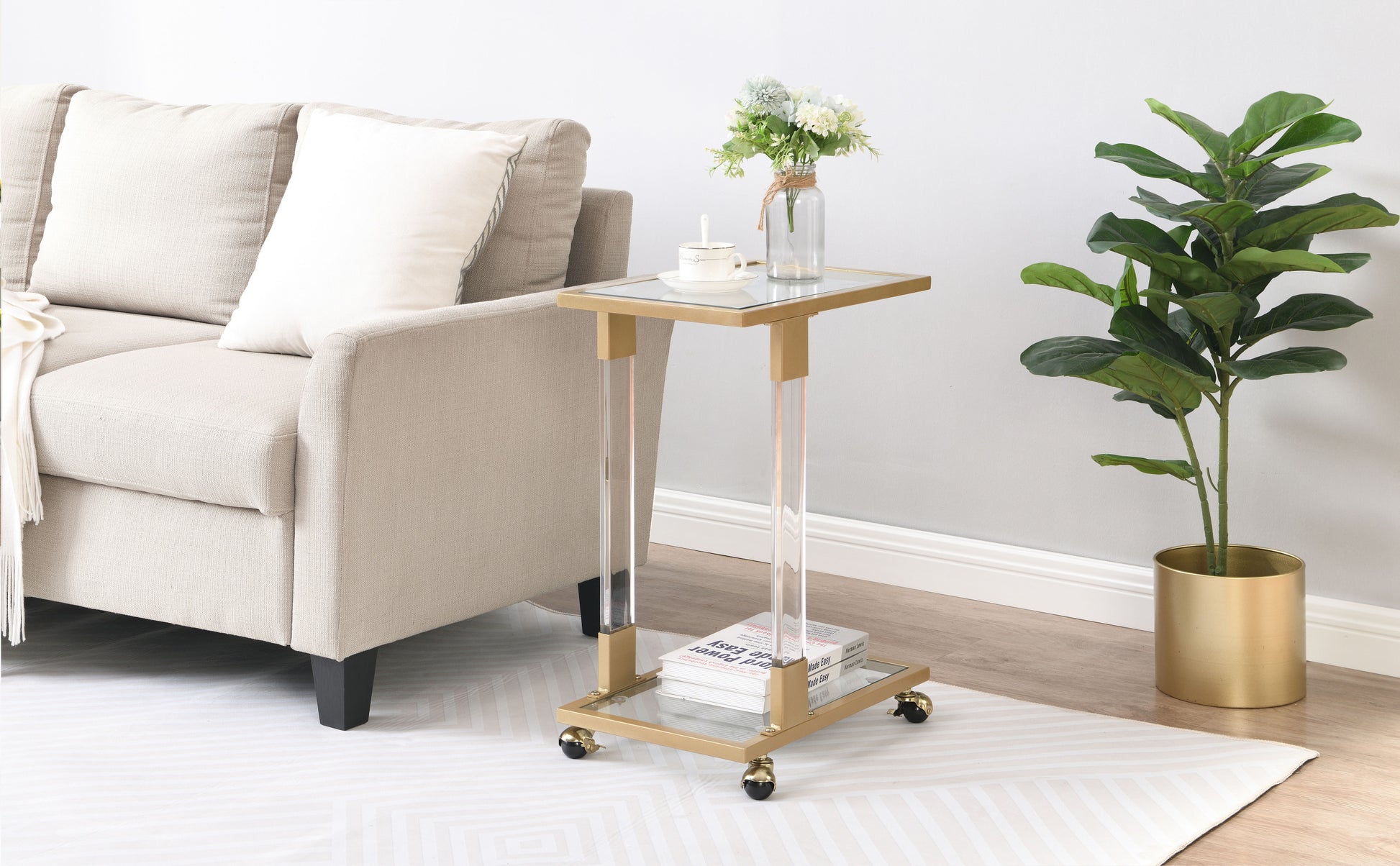 Golden Side Table, Acrylic Sofa Table, Glass Top C Shape Square Table With Metal Base For Living Room, Bedroom, Balcony Home And Office Chrome Glass Iron