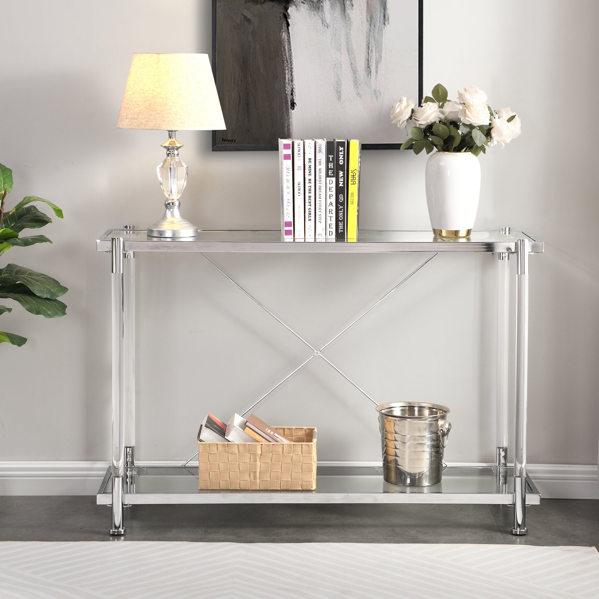 43.31'' Chrome Glass Sofa Table, Acrylic Side Table, Console Table For Living Room& Bedroom Chrome Console Tables Glass Iron