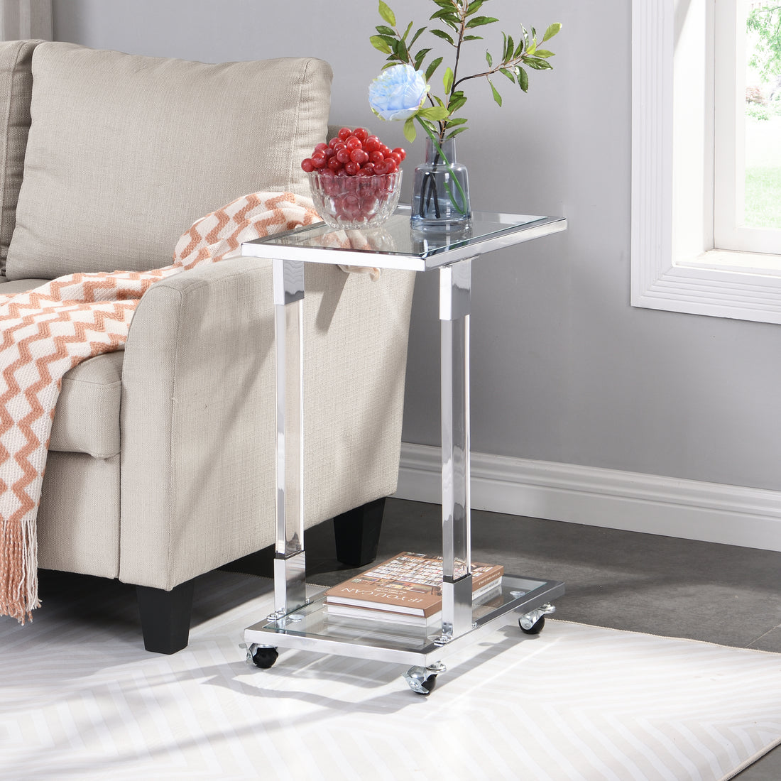 Chrome Glass Side Table, Acrylic End Table, Glass Top C Shape Square Table With Metal Base For Living Room, Bedroom, Balcony Home And Office Chrome Glass Iron