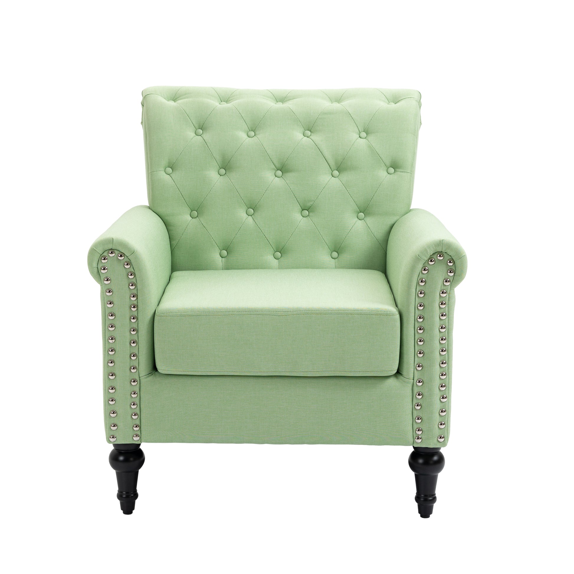 Mid Century Modern Accent Chair, Linen Armchair W Tufted Back Wood Legs, Upholstered Lounge Arm Chair Single Sofa For Living Room Bedroom, Grass Green Grass Green Foam Linen