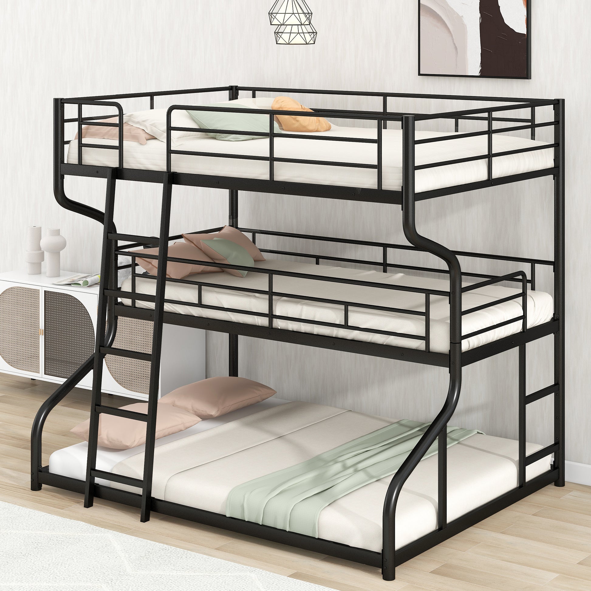 Full Xl Over Twin Xl Over Queen Size Triple Bunk Bed With Long And Short Ladder,Black Box Spring Not Required Black Metal Bedroom Bunk Metal