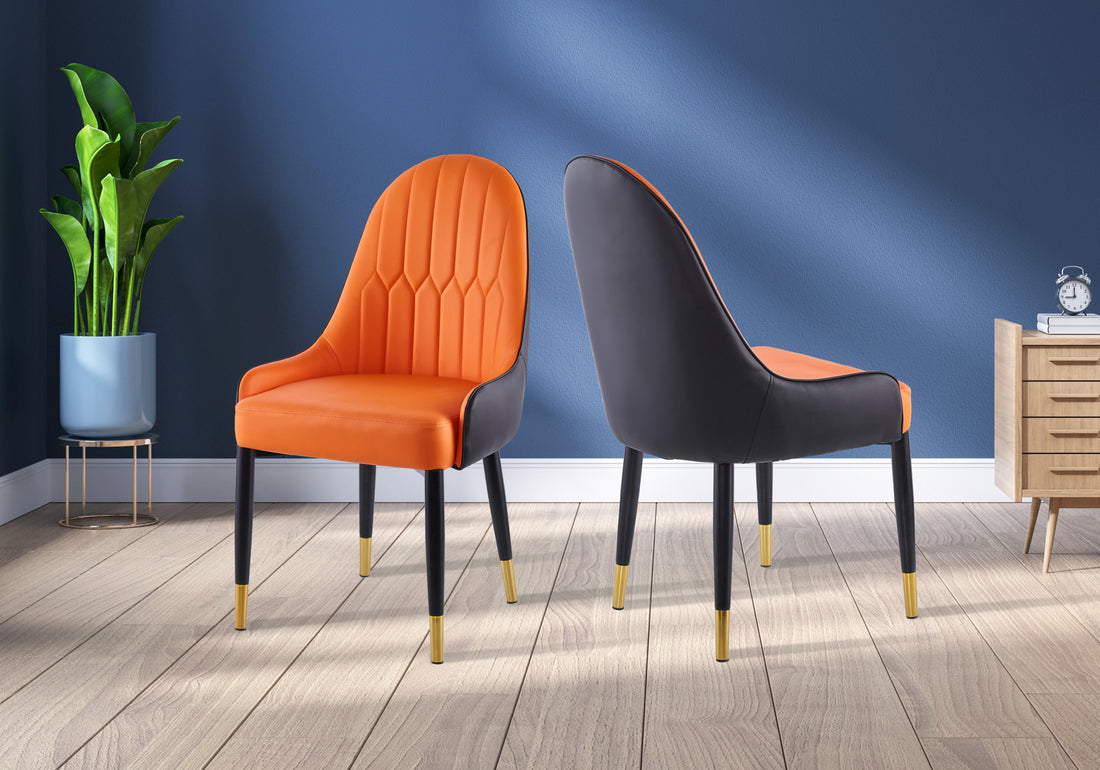 Modern Leather Dining Chair Set Of 2, Upholstered Accent Dining Chair, Legs With Black Plastic Tube Plug Orange Leather