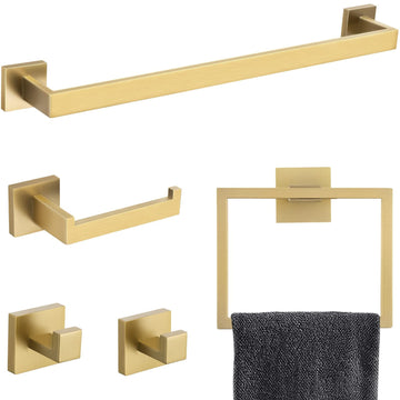 5 Pieces Bathroom Hardware Accessories Set Towel Bar Set Wall Mounted,Stainless Steel Brushed Gold Stainless Steel