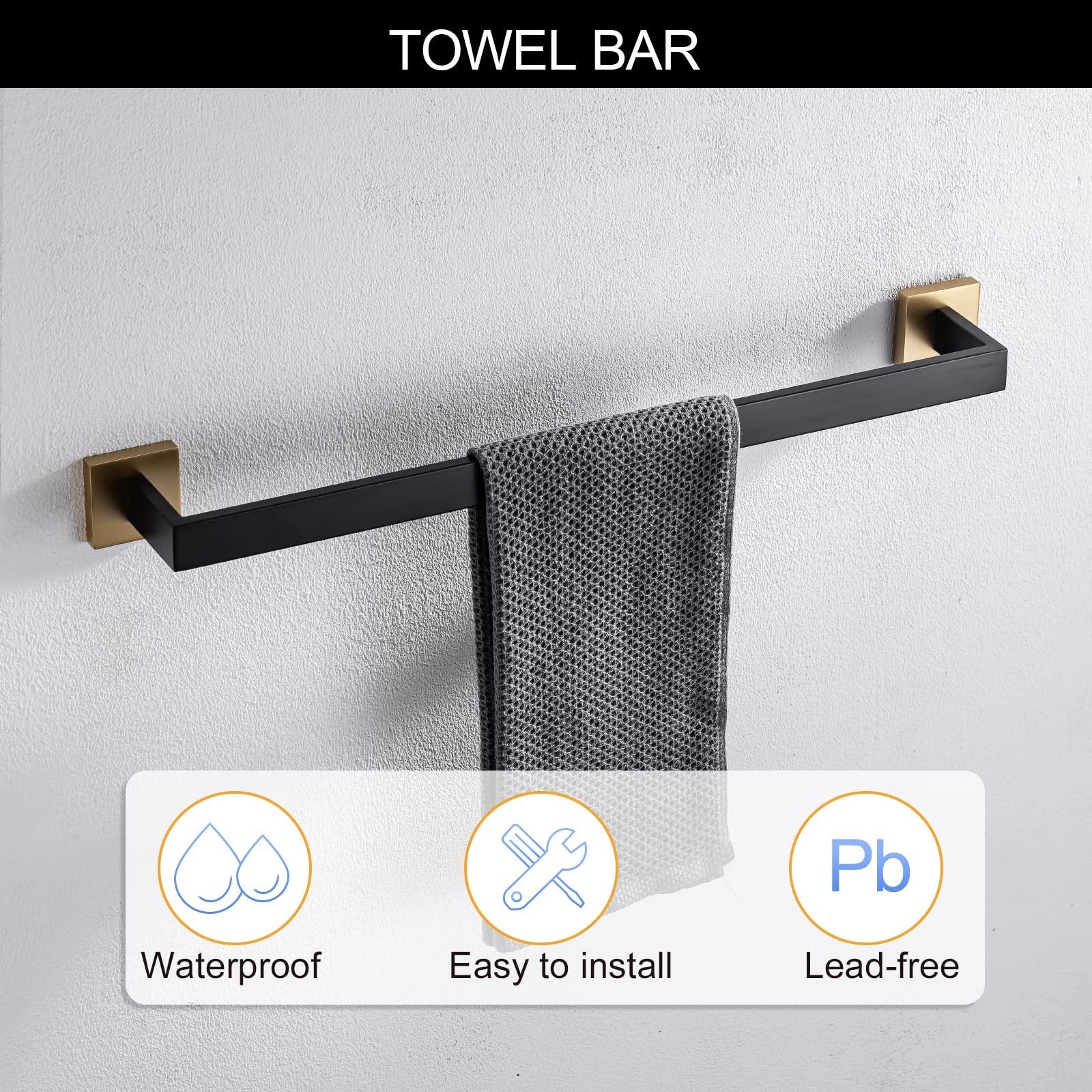 5 Pieces Bathroom Hardware Accessories Set Towel Bar Set Wall Mounted,Stainless Steel Black Gold Stainless Steel