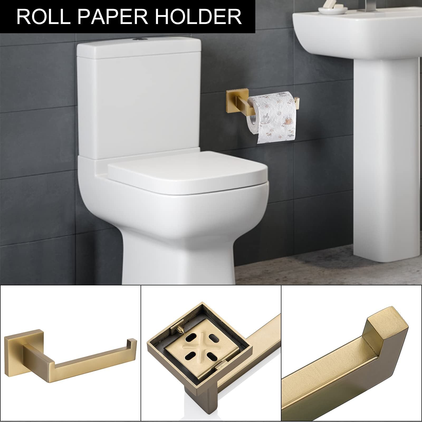 5 Pieces Bathroom Hardware Accessories Set Towel Bar Set Wall Mounted,Stainless Steel Brushed Gold Stainless Steel