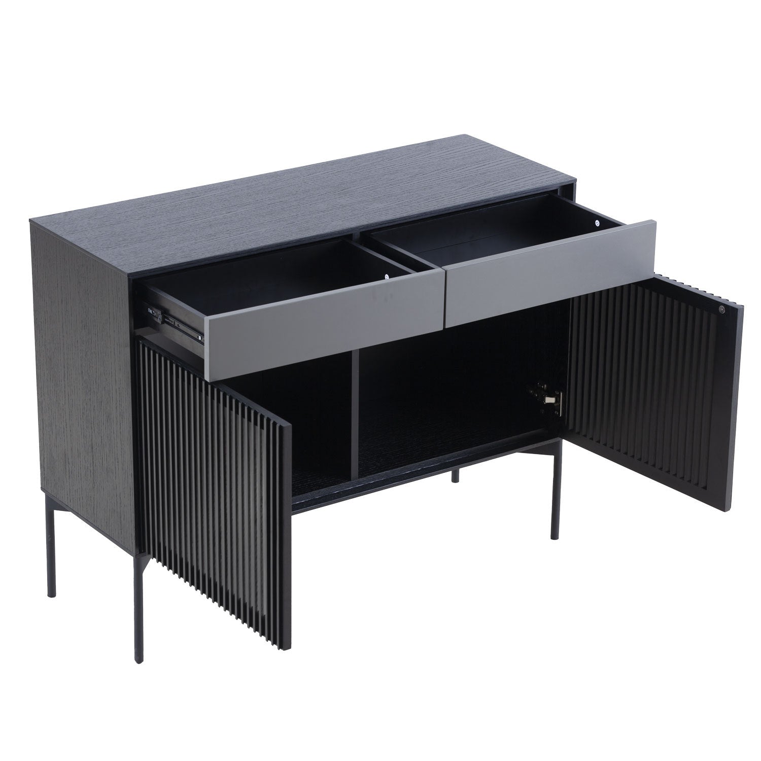 Mid Century Sideboard Cabinet Buffet Table Kitchen black-wood + stainless steel