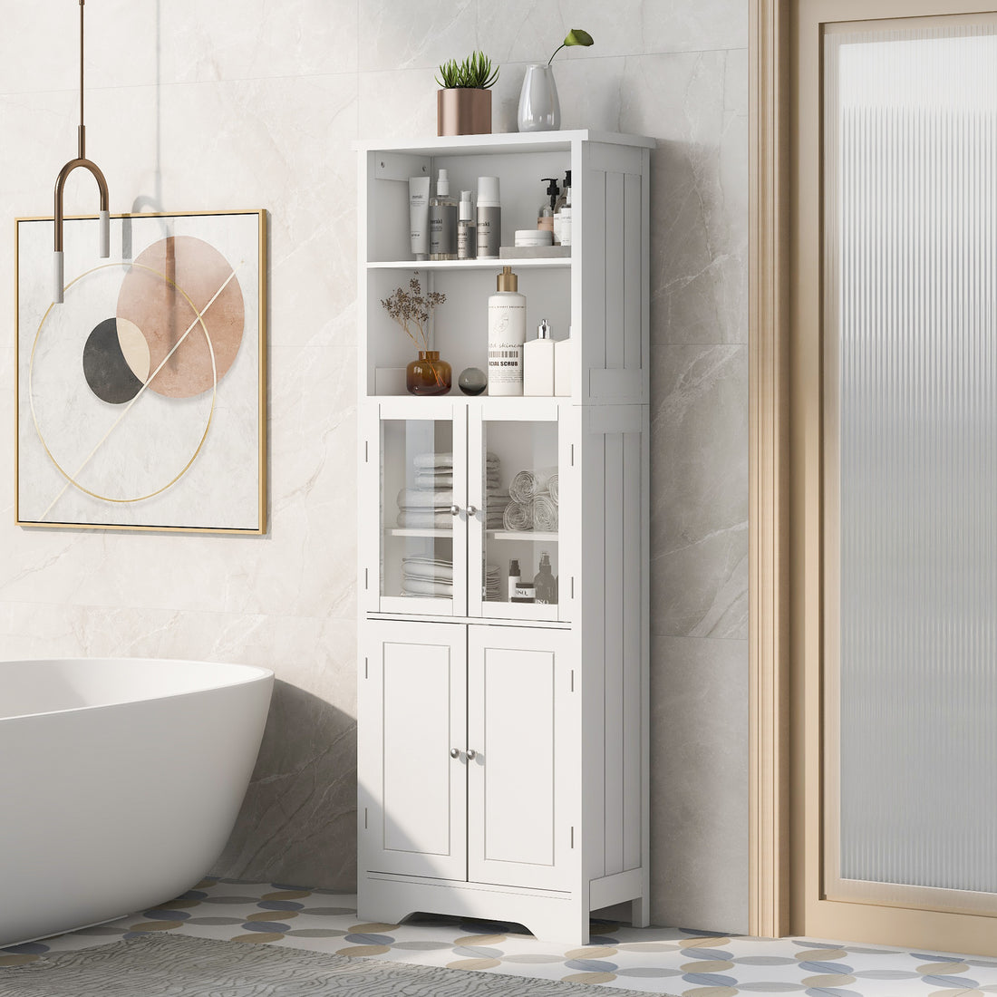 White Tall Storage Cabinet With Shelves And Doors For Bathroom, Kitchen And Living Room, Mdf Board White Mdf