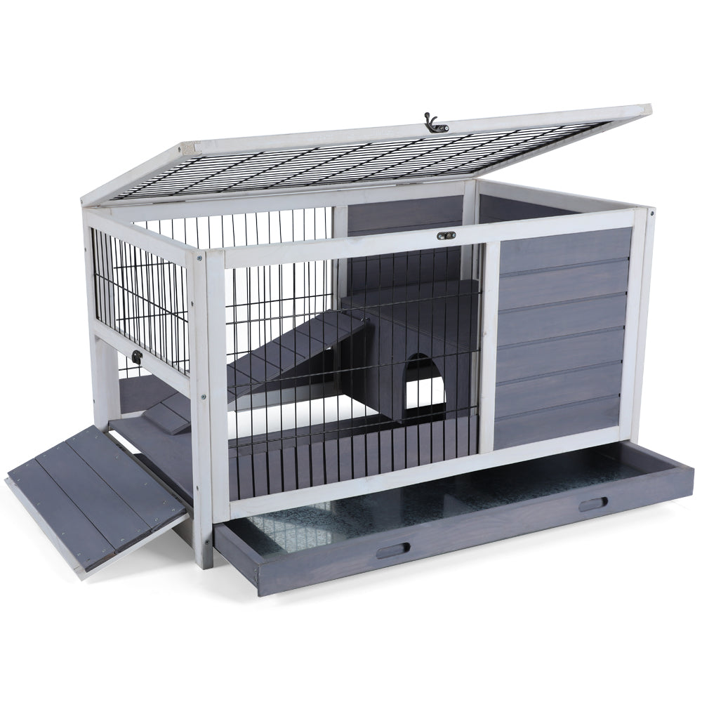 Wooden Rabbit Hutch Indoor Bunny House For Small Animals With Put Out Tray Grey Solid Wood